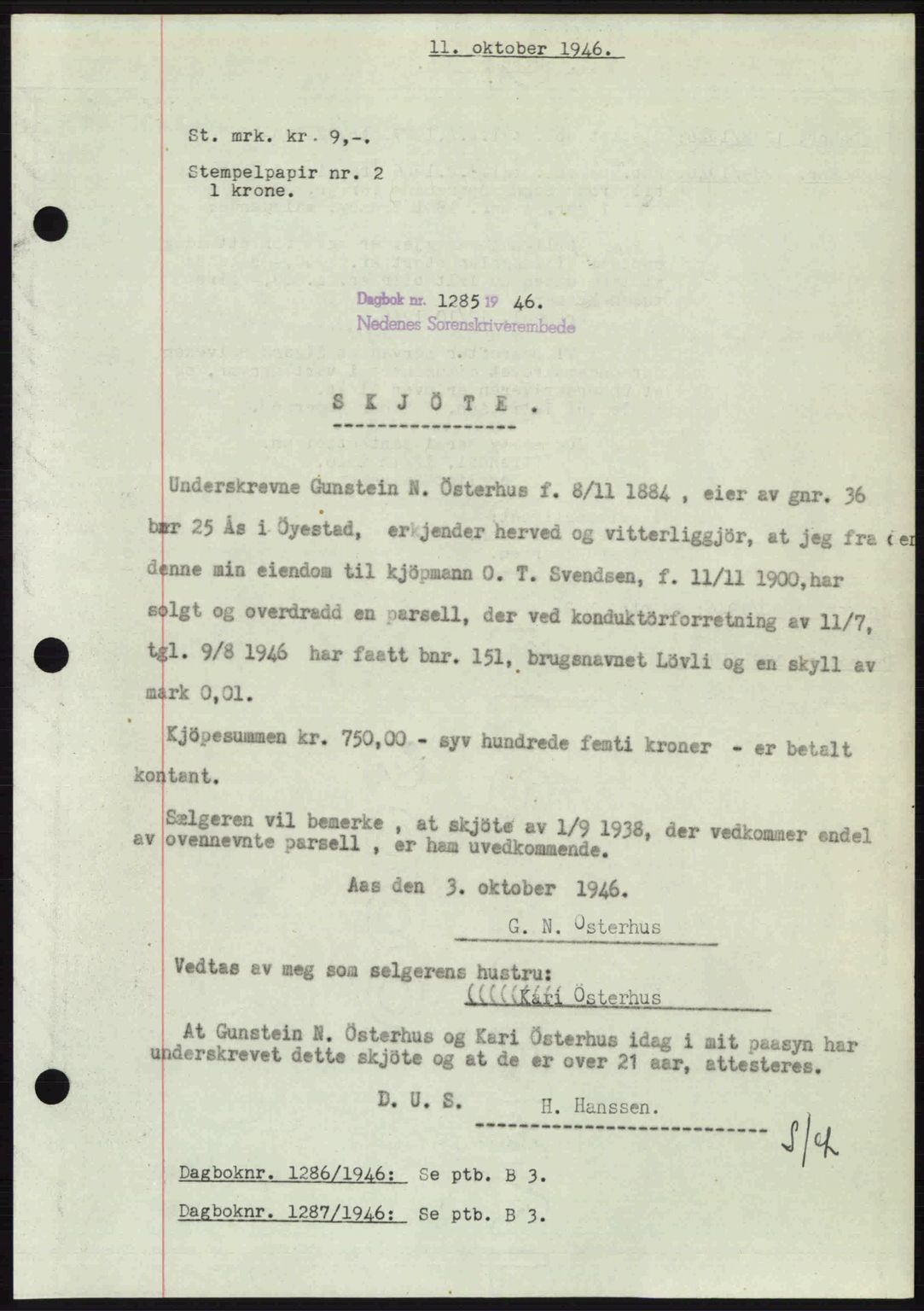 Nedenes sorenskriveri, SAK/1221-0006/G/Gb/Gba/L0056: Mortgage book no. A8, 1946-1947, Diary no: : 1285/1946