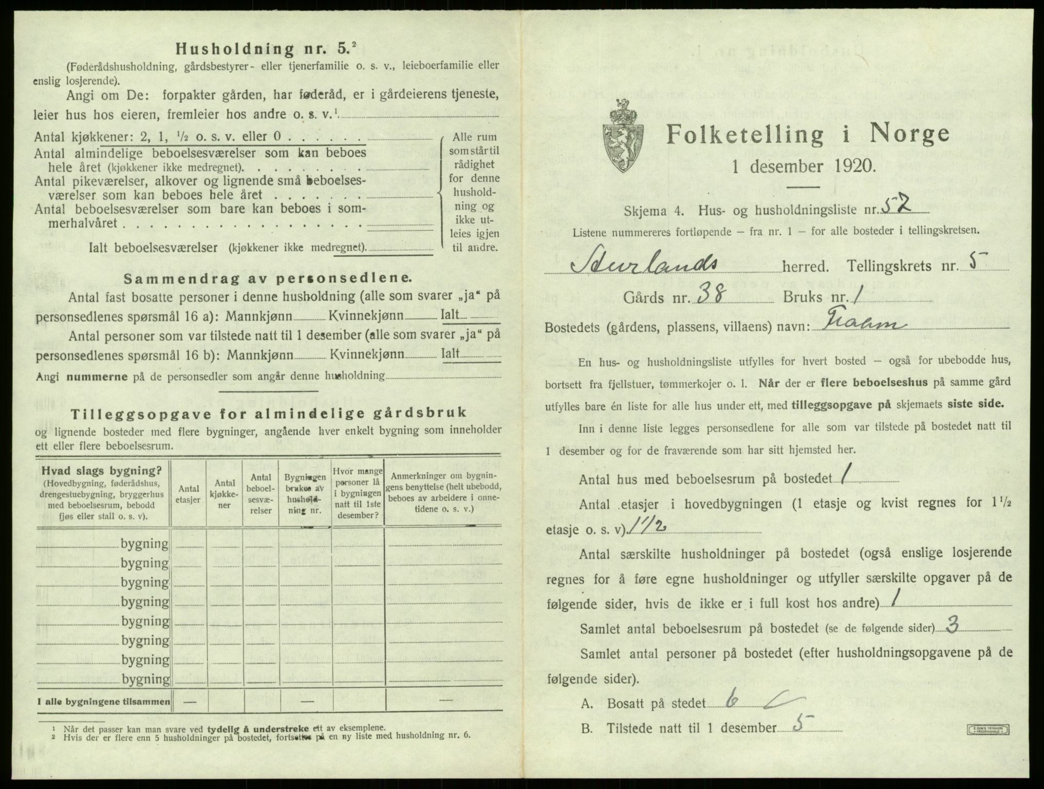 SAB, 1920 census for Aurland, 1920, p. 515