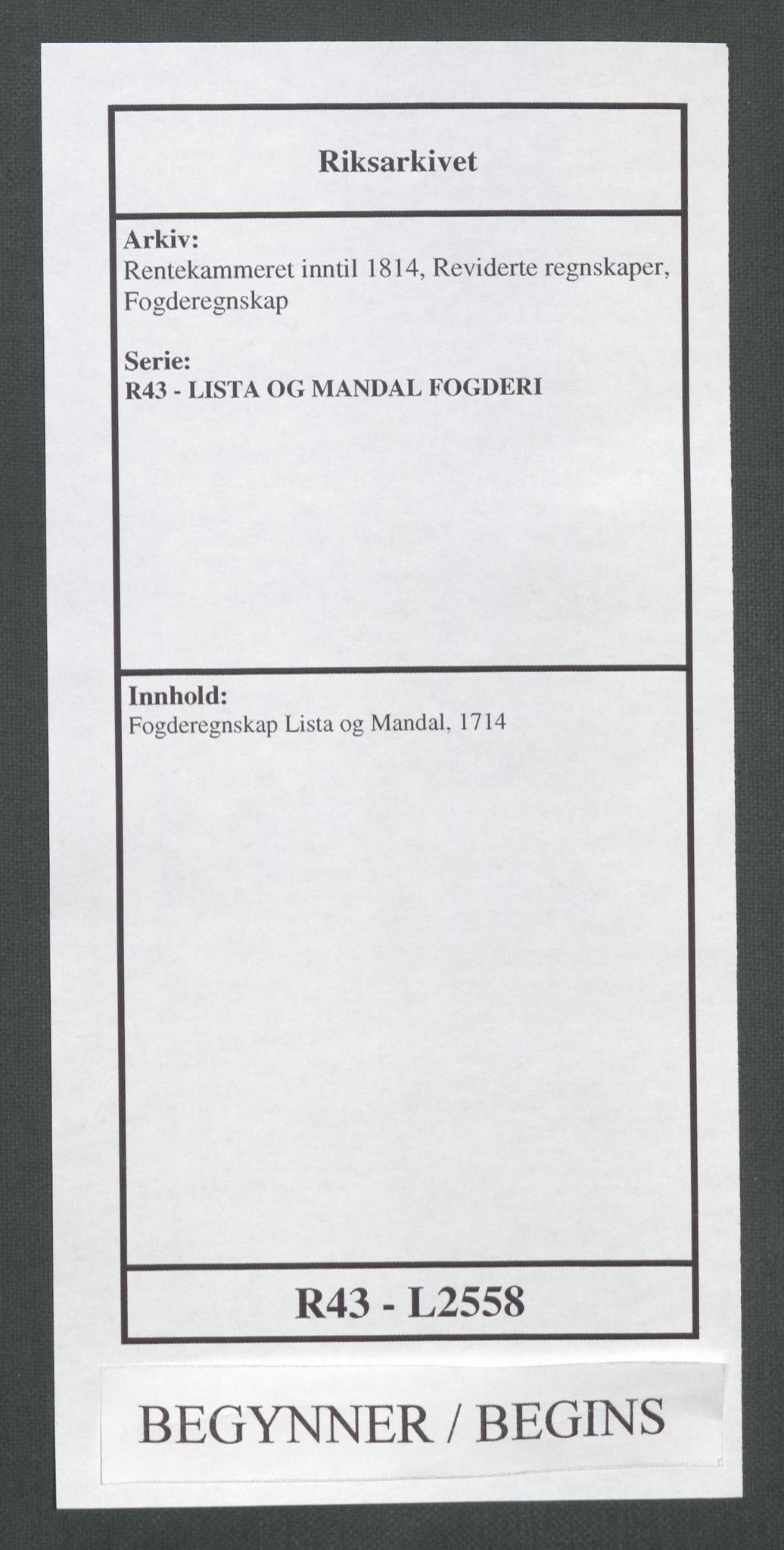 Rentekammeret inntil 1814, Reviderte regnskaper, Fogderegnskap, AV/RA-EA-4092/R43/L2558: Fogderegnskap Lista og Mandal, 1714, p. 1