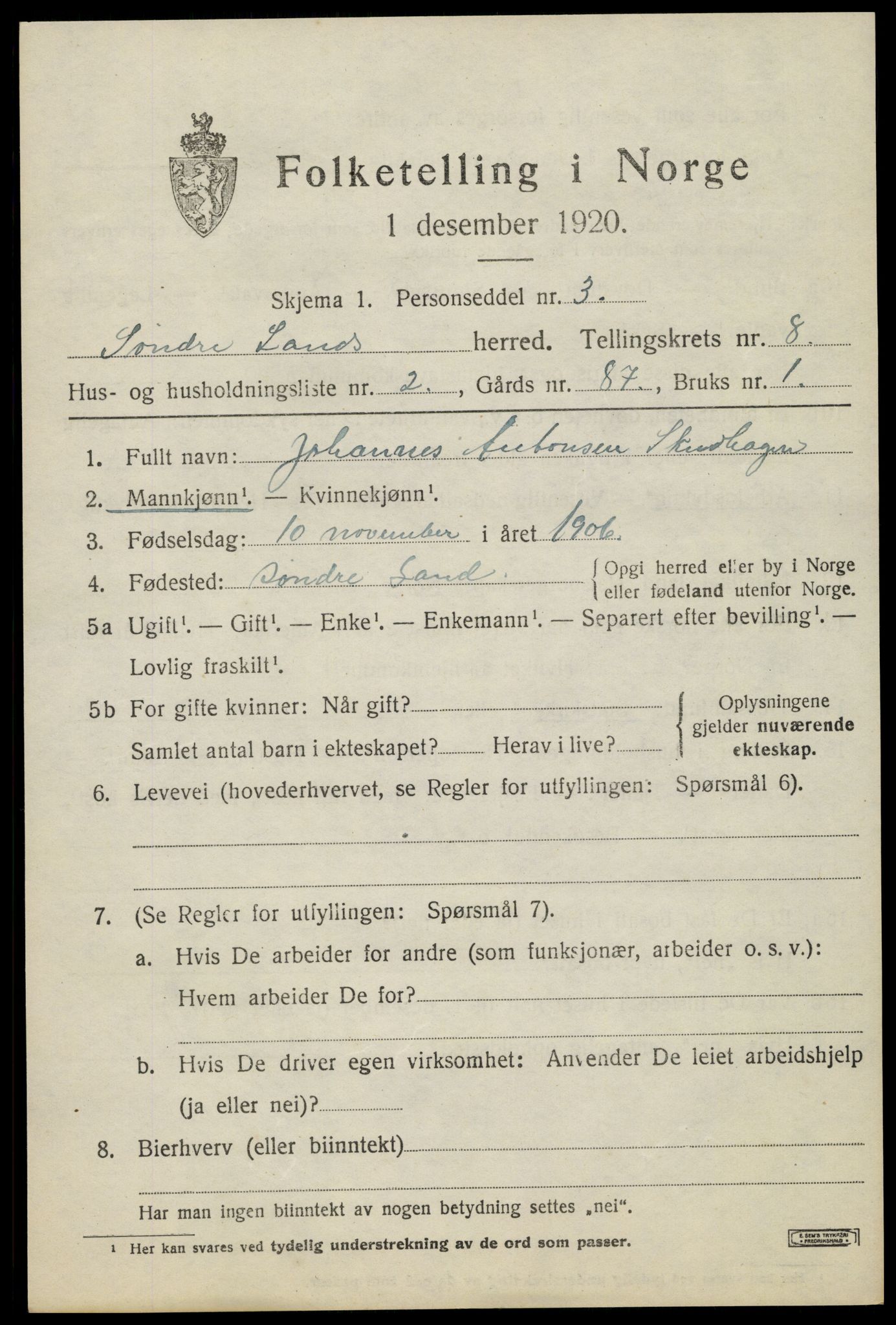 SAH, 1920 census for Søndre Land, 1920, p. 7607