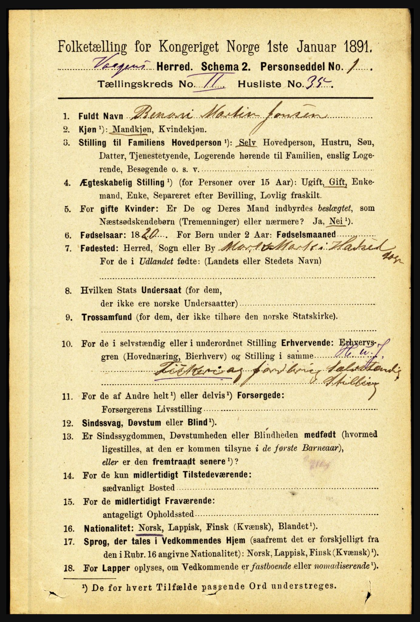 RA, 1891 census for 1865 Vågan, 1891, p. 654