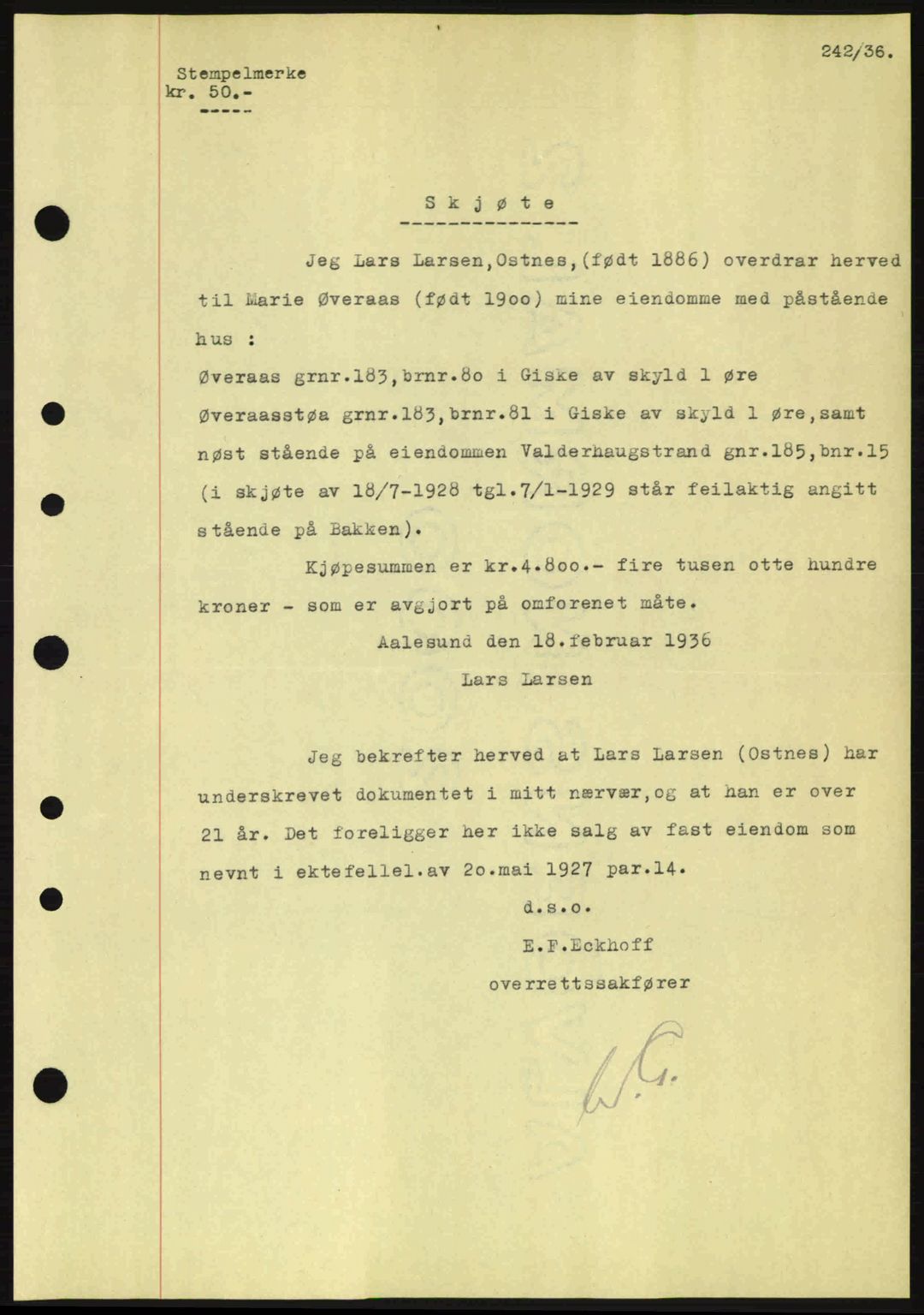 Nordre Sunnmøre sorenskriveri, AV/SAT-A-0006/1/2/2C/2Ca: Mortgage book no. A1, 1936-1936, Diary no: : 242/1936