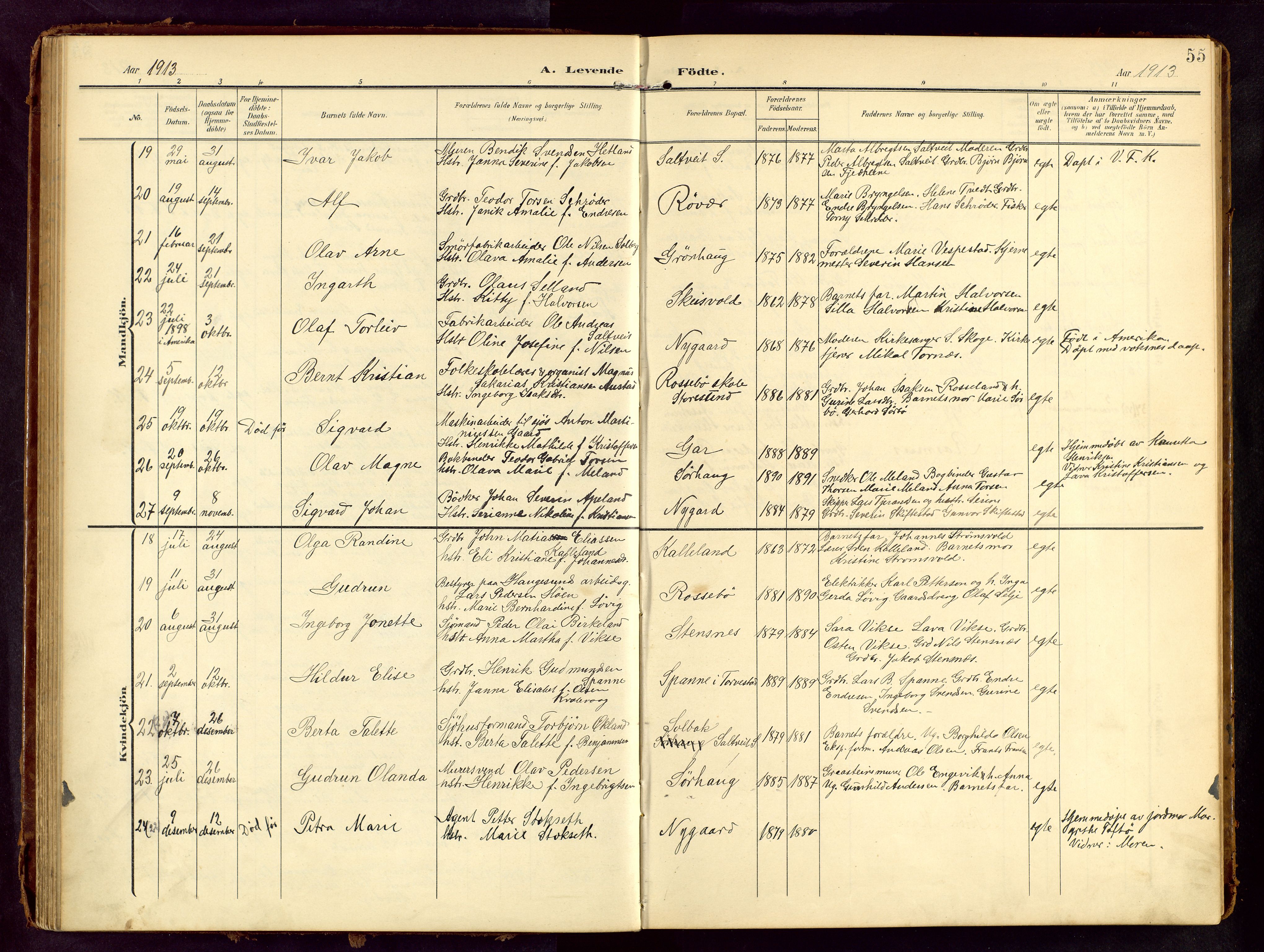 Haugesund sokneprestkontor, AV/SAST-A -101863/H/Ha/Hab/L0006: Parish register (copy) no. B 6, 1906-1944, p. 55