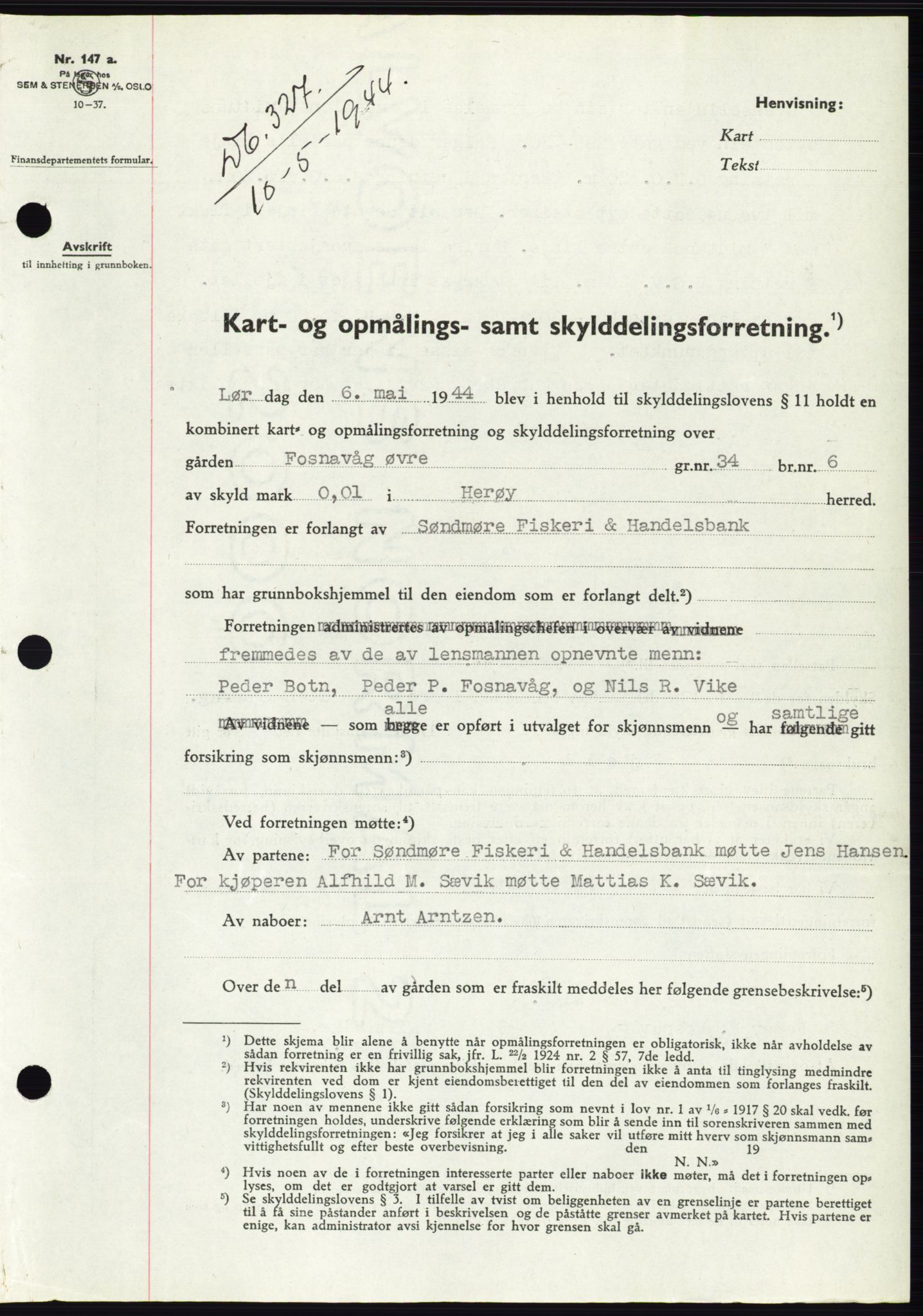 Søre Sunnmøre sorenskriveri, AV/SAT-A-4122/1/2/2C/L0076: Mortgage book no. 2A, 1943-1944, Diary no: : 327/1944