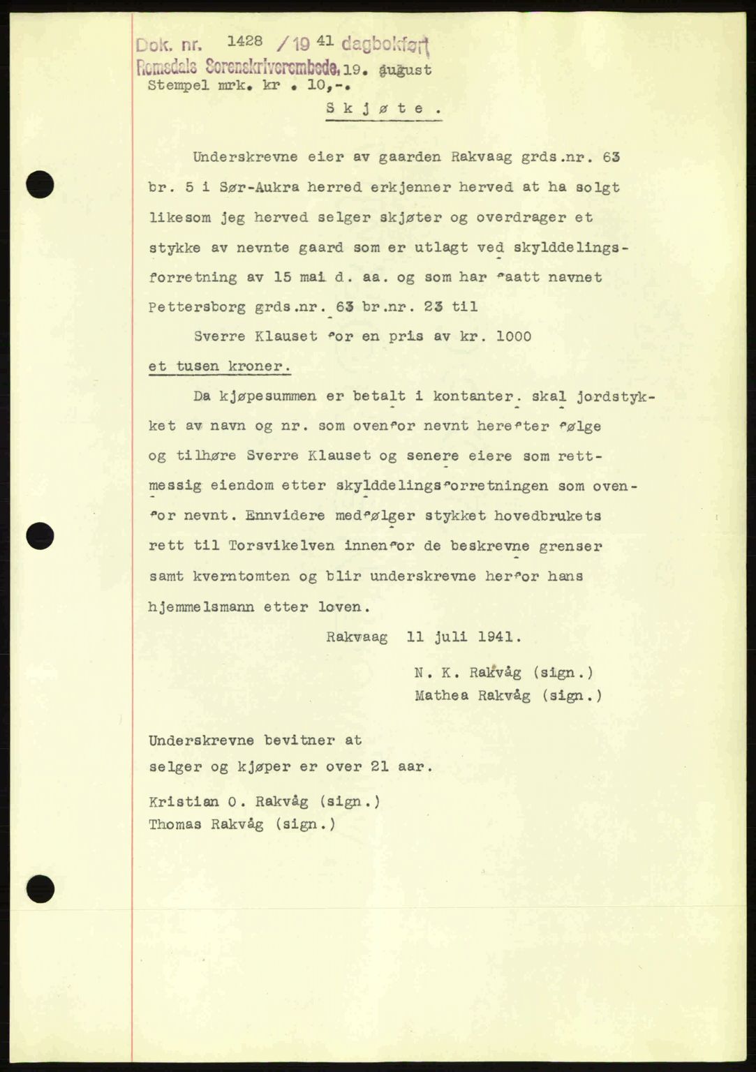 Romsdal sorenskriveri, AV/SAT-A-4149/1/2/2C: Mortgage book no. A10, 1941-1941, Diary no: : 1428/1941