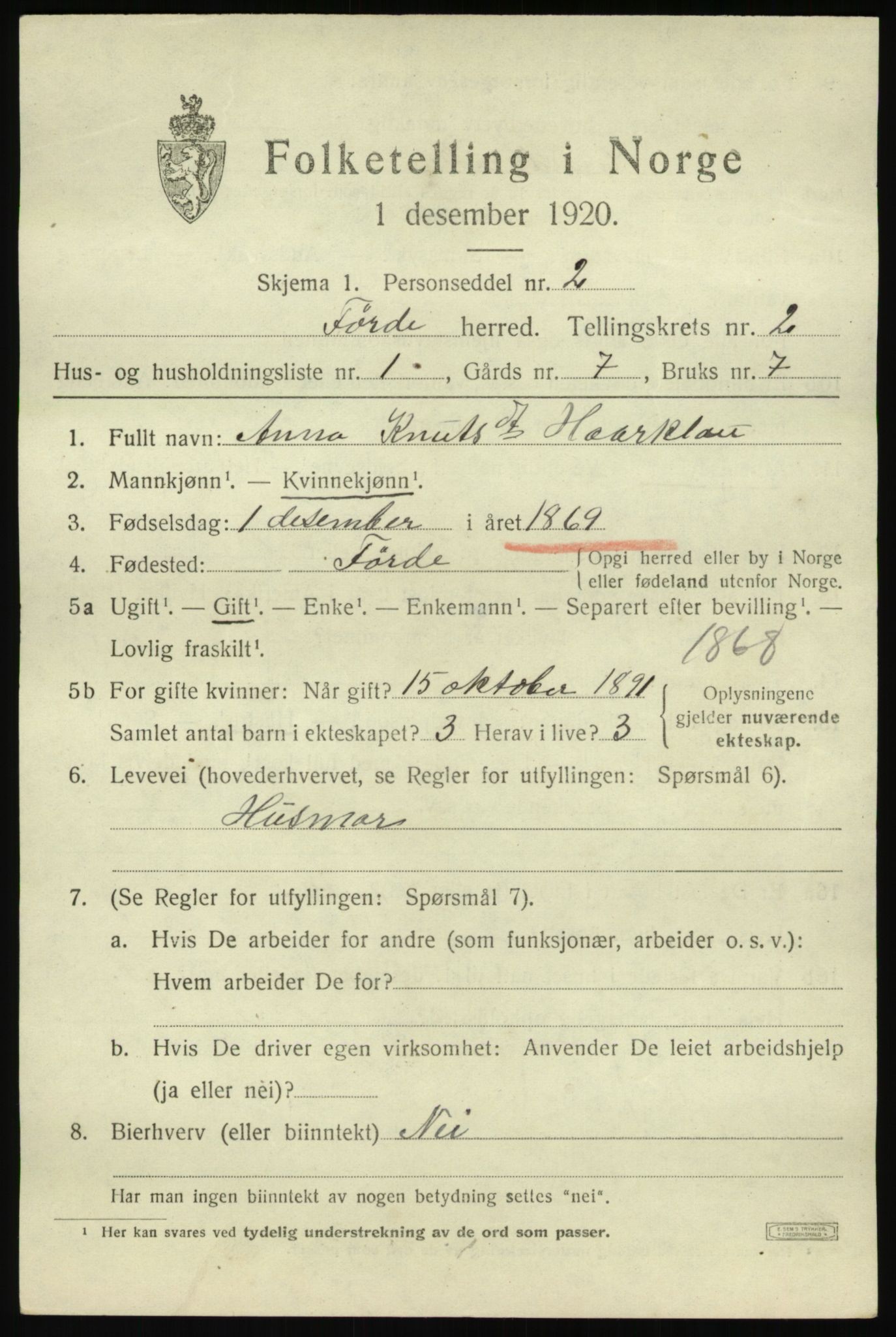 SAB, 1920 census for Førde, 1920, p. 1418