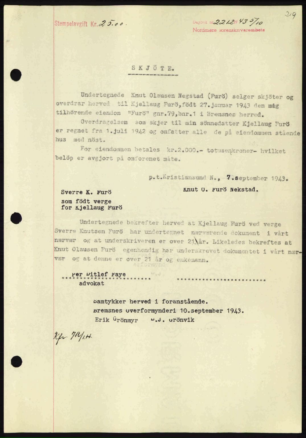 Nordmøre sorenskriveri, SAT/A-4132/1/2/2Ca: Mortgage book no. A96, 1943-1944, Diary no: : 2212/1943