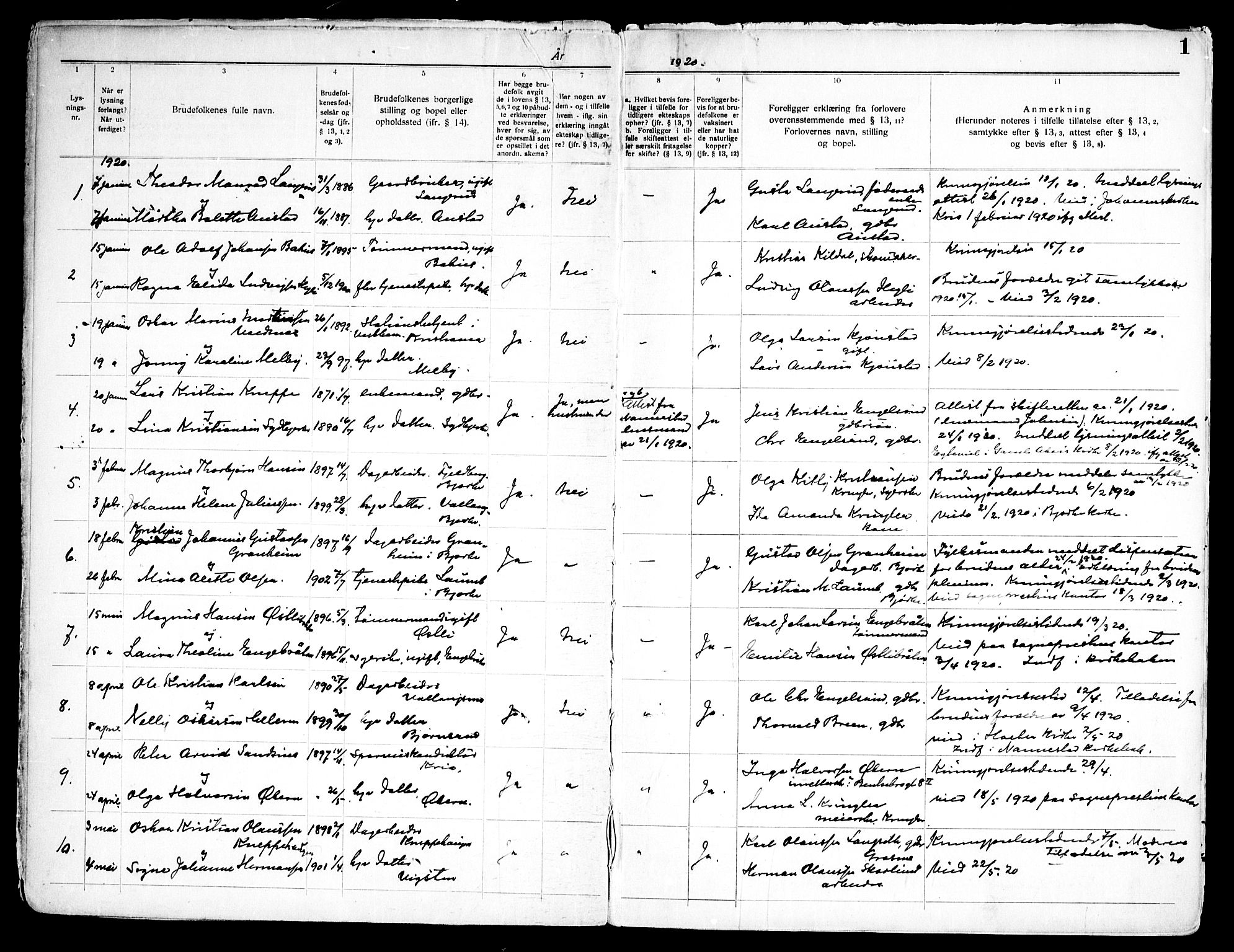 Nannestad prestekontor Kirkebøker, SAO/A-10414a/H/Ha/L0003: Banns register no. I 3, 1919-1958, p. 1