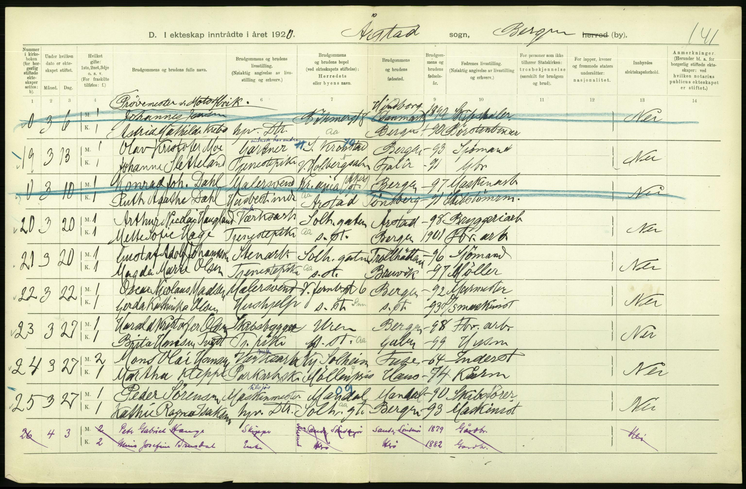 Statistisk sentralbyrå, Sosiodemografiske emner, Befolkning, AV/RA-S-2228/D/Df/Dfb/Dfbj/L0042: Bergen: Gifte, døde, dødfødte., 1920, p. 50