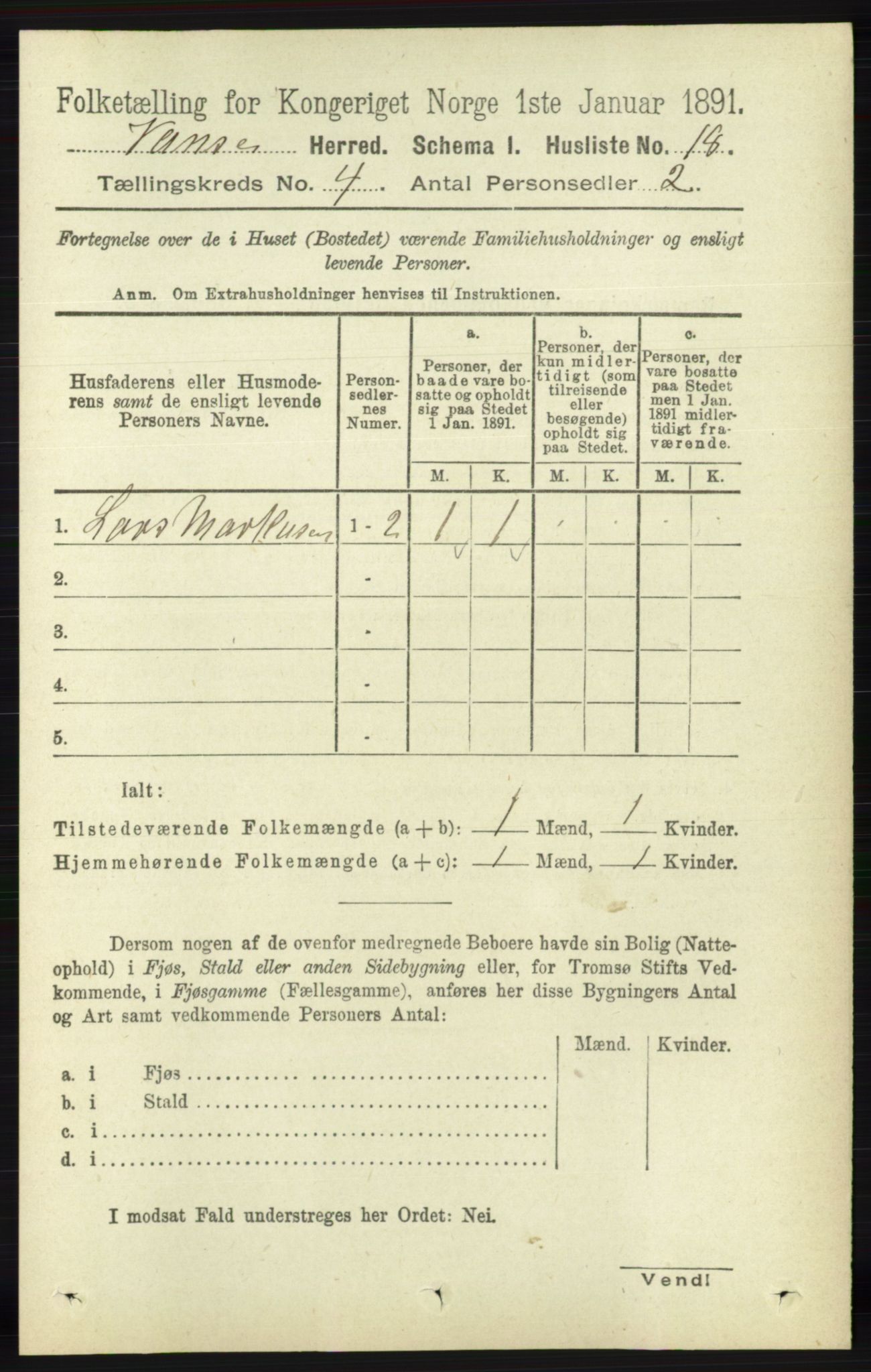 RA, 1891 census for 1041 Vanse, 1891, p. 2057