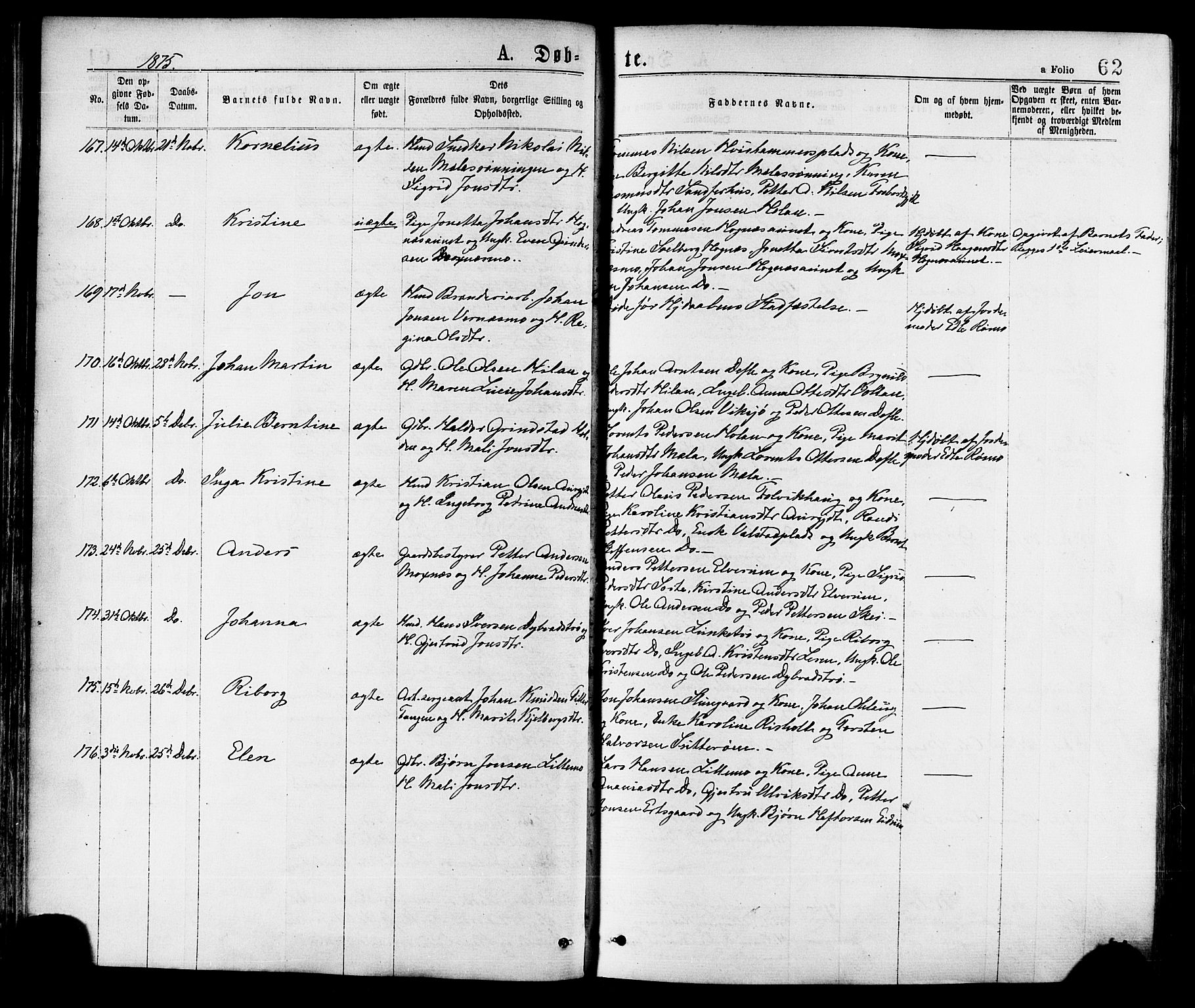 Ministerialprotokoller, klokkerbøker og fødselsregistre - Nord-Trøndelag, SAT/A-1458/709/L0076: Parish register (official) no. 709A16, 1871-1879, p. 62