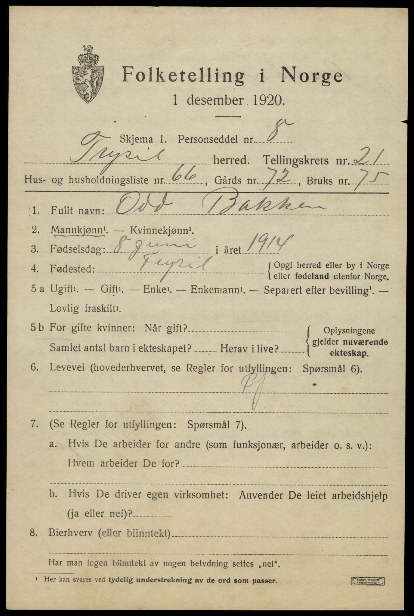 SAH, 1920 census for Trysil, 1920, p. 14555