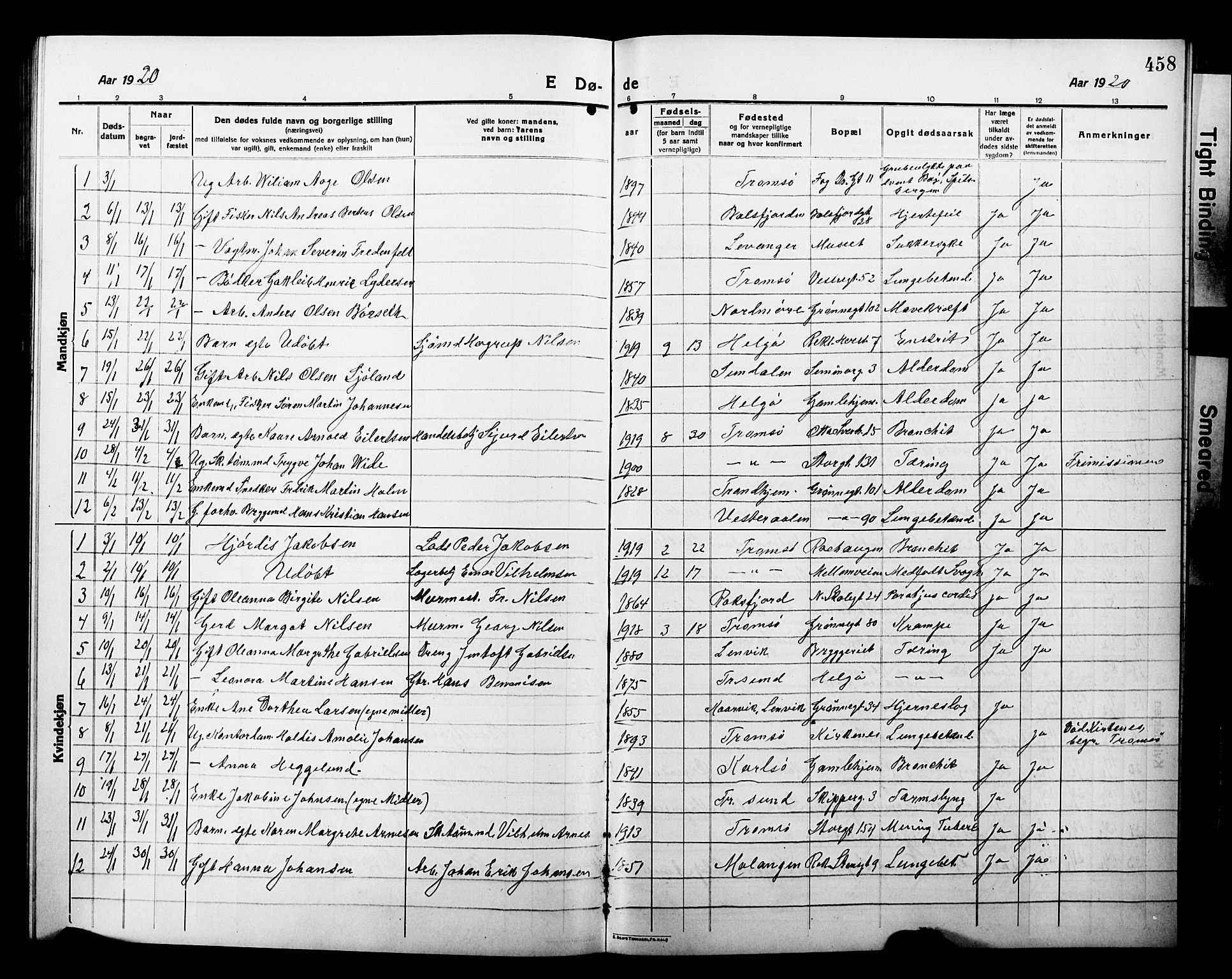 Tromsø sokneprestkontor/stiftsprosti/domprosti, AV/SATØ-S-1343/G/Gb/L0009klokker: Parish register (copy) no. 9, 1915-1925, p. 458