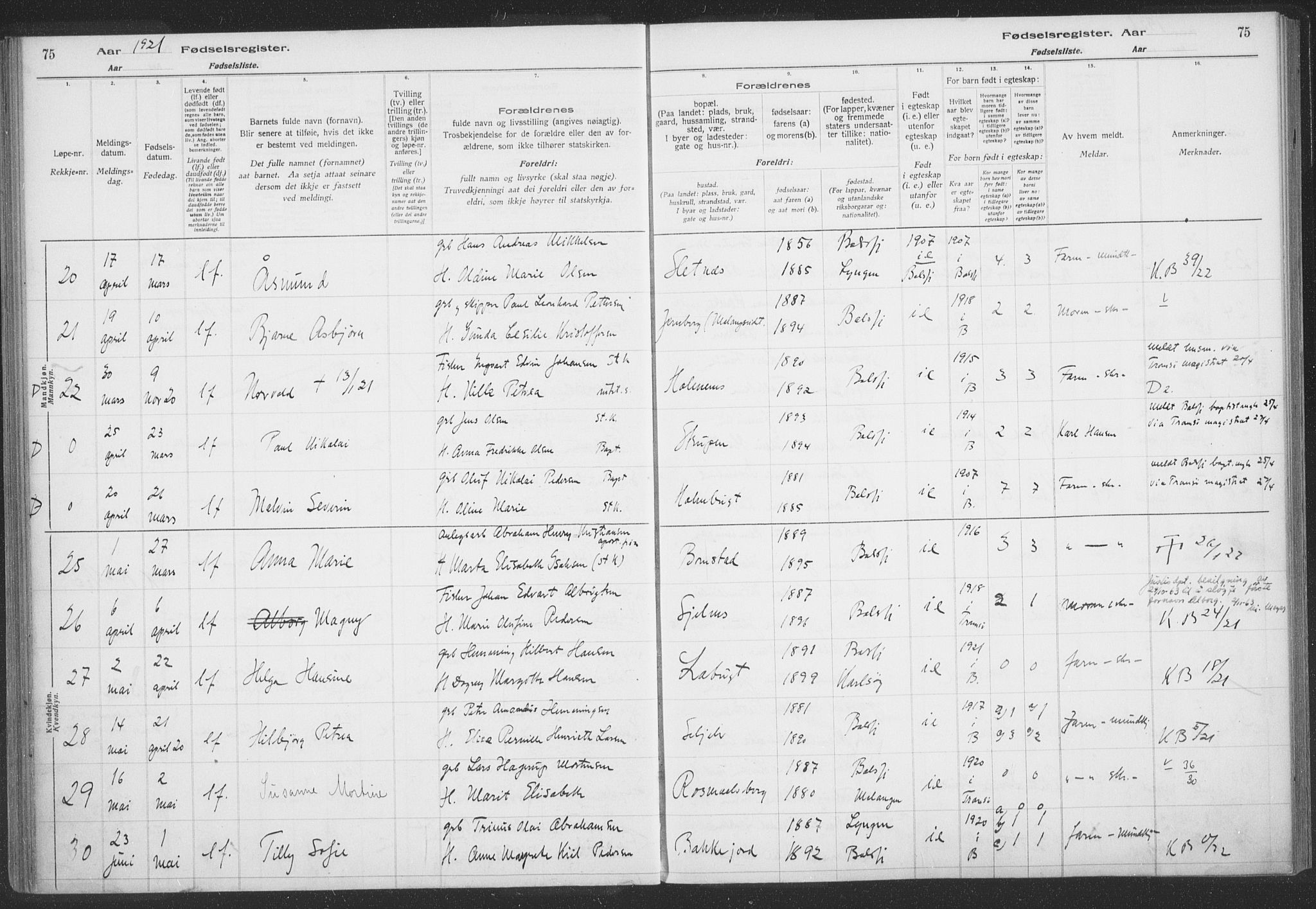 Balsfjord sokneprestembete, AV/SATØ-S-1303/H/Hb/L0059: Birth register no. 59, 1916-1930, p. 75