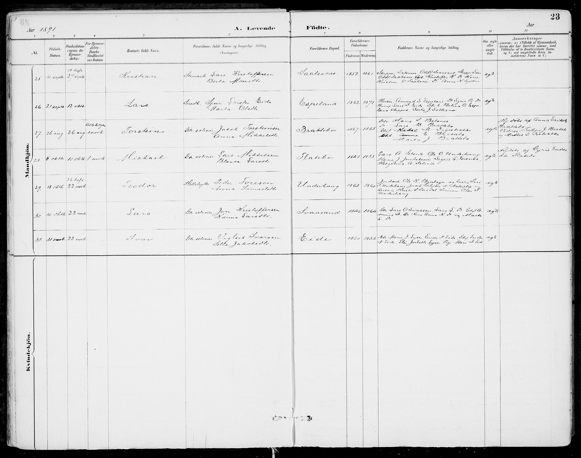 Strandebarm sokneprestembete, SAB/A-78401/H/Haa: Parish register (official) no. E  1, 1886-1908, p. 23