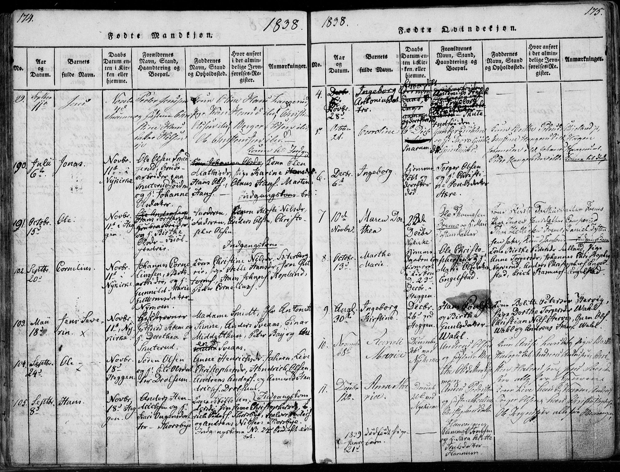 Modum kirkebøker, AV/SAKO-A-234/F/Fa/L0006: Parish register (official) no. 6, 1832-1841, p. 174-175