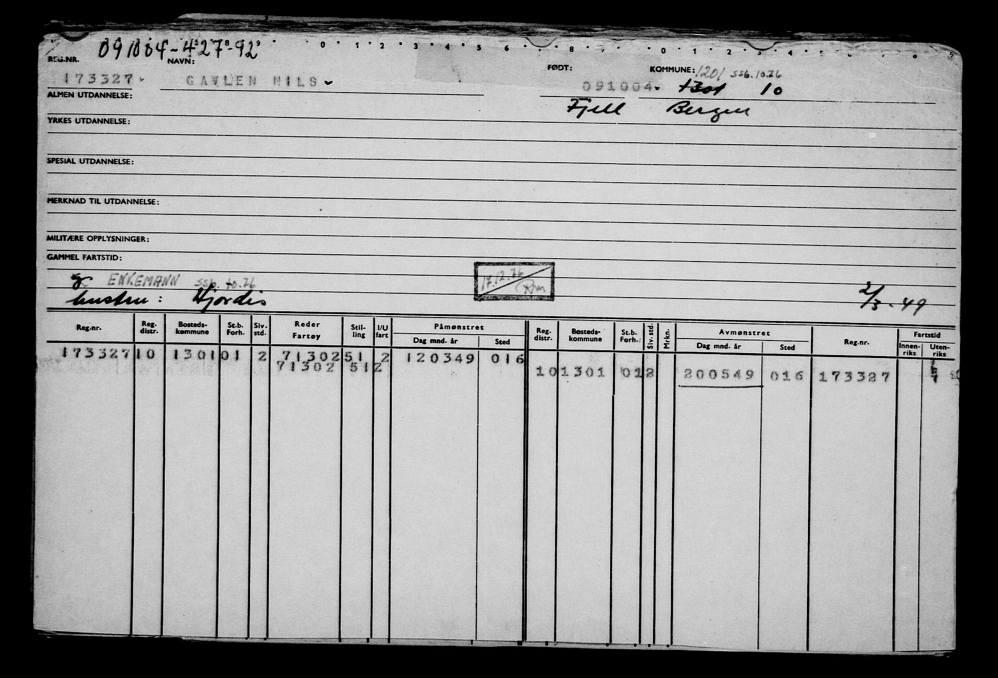 Direktoratet for sjømenn, RA/S-3545/G/Gb/L0056: Hovedkort, 1904, p. 97