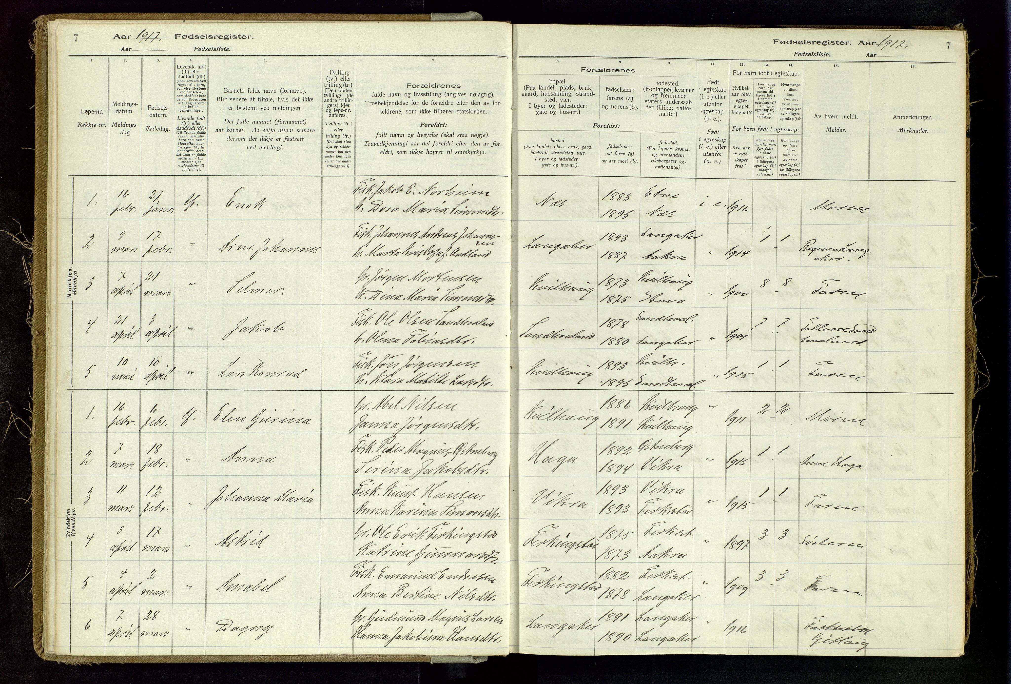 Skudenes sokneprestkontor, SAST/A -101849/I/Id/L0002: Birth register no. 2, 1916-1962, p. 7