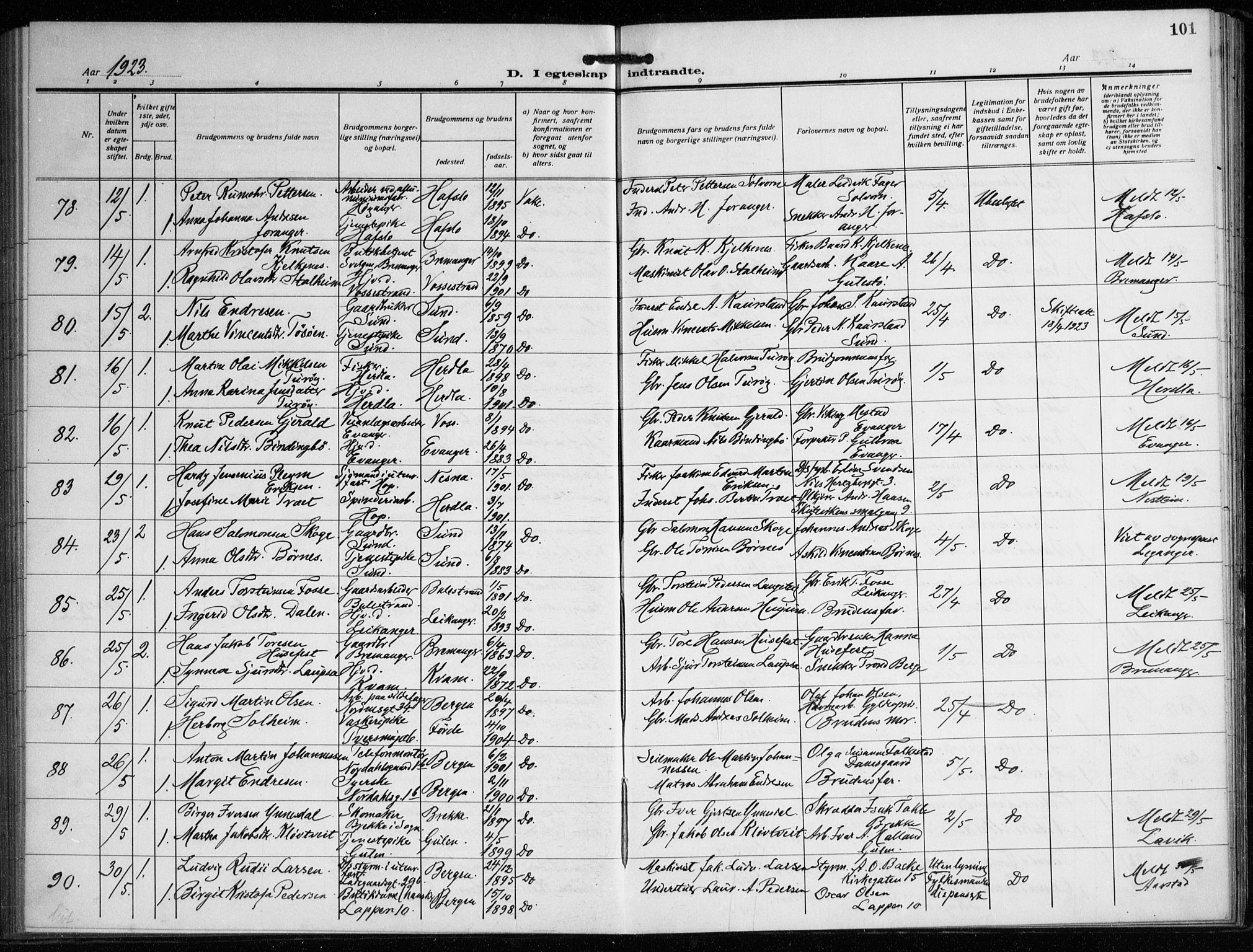 Nykirken Sokneprestembete, AV/SAB-A-77101/H/Haa/L0037: Parish register (official) no. D 7, 1918-1926, p. 101