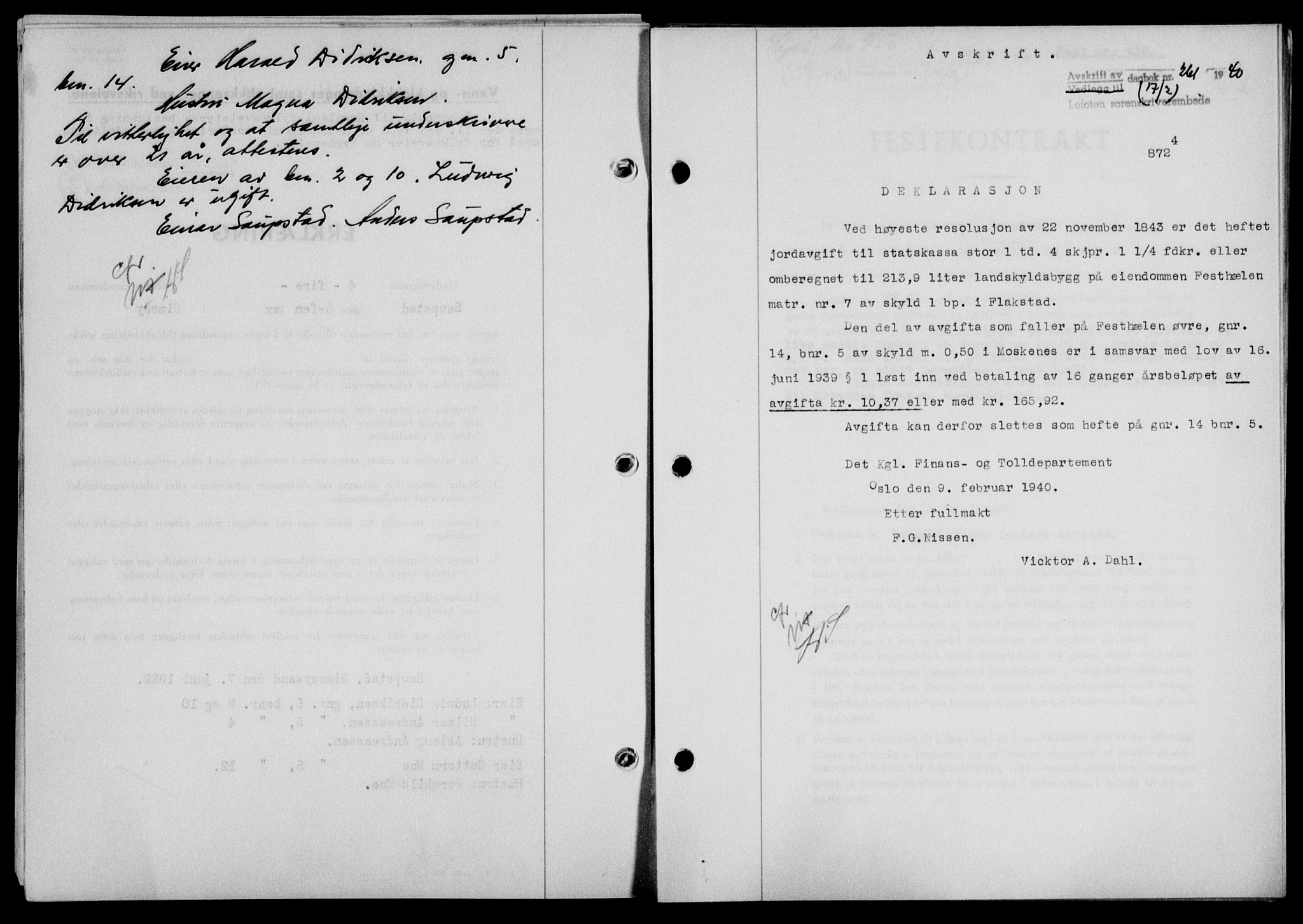 Lofoten sorenskriveri, SAT/A-0017/1/2/2C/L0007a: Mortgage book no. 7a, 1939-1940, Diary no: : 261/1940