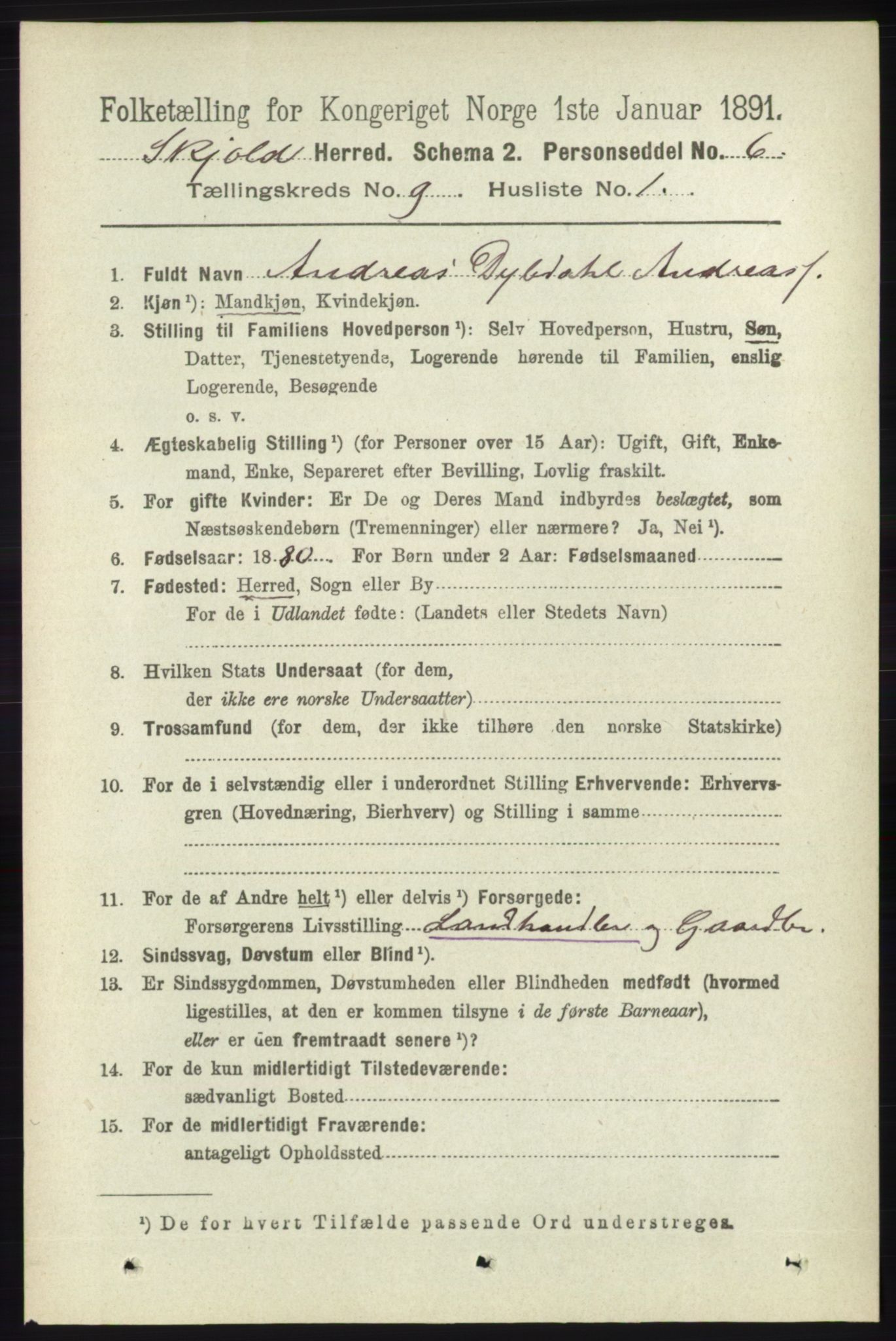 RA, 1891 census for 1154 Skjold, 1891, p. 1788