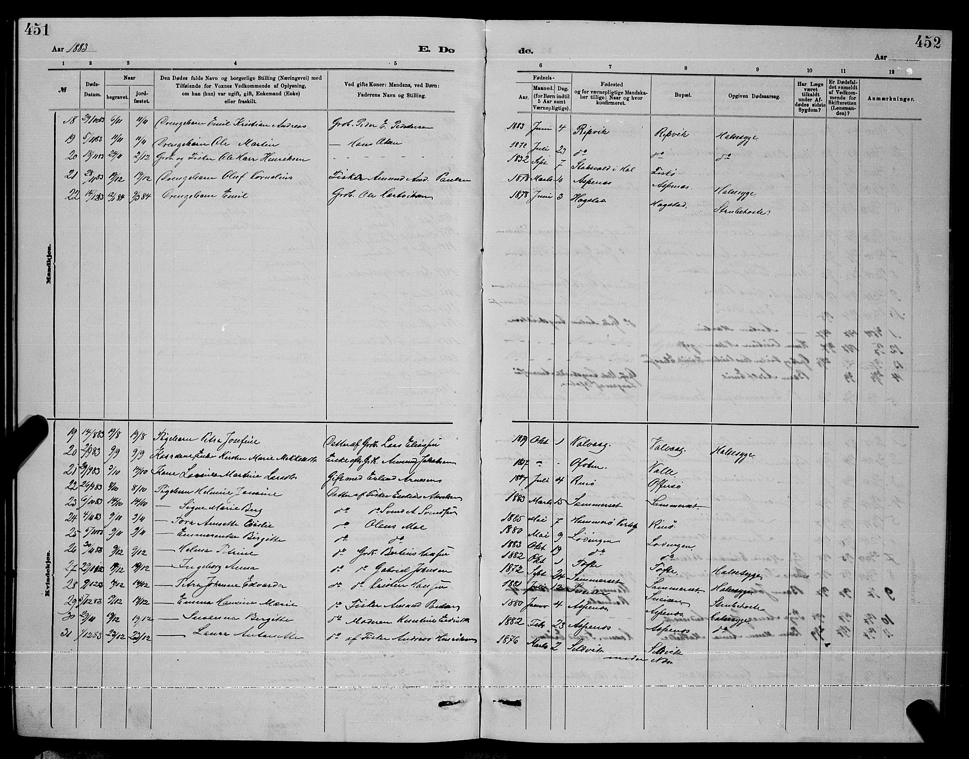 Ministerialprotokoller, klokkerbøker og fødselsregistre - Nordland, AV/SAT-A-1459/872/L1047: Parish register (copy) no. 872C03, 1880-1897, p. 451-452