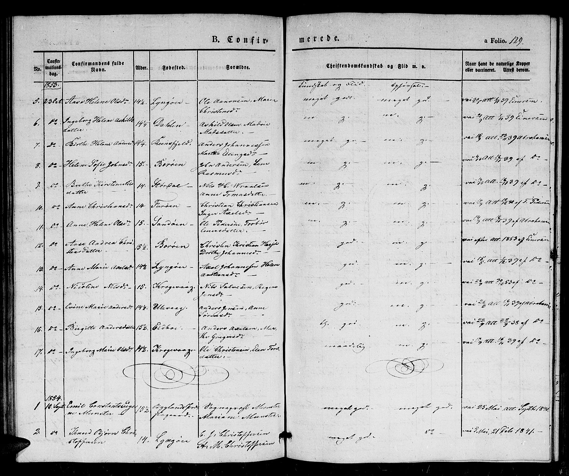 Dypvåg sokneprestkontor, AV/SAK-1111-0007/F/Fb/Fba/L0010: Parish register (copy) no. B 10, 1842-1857, p. 129