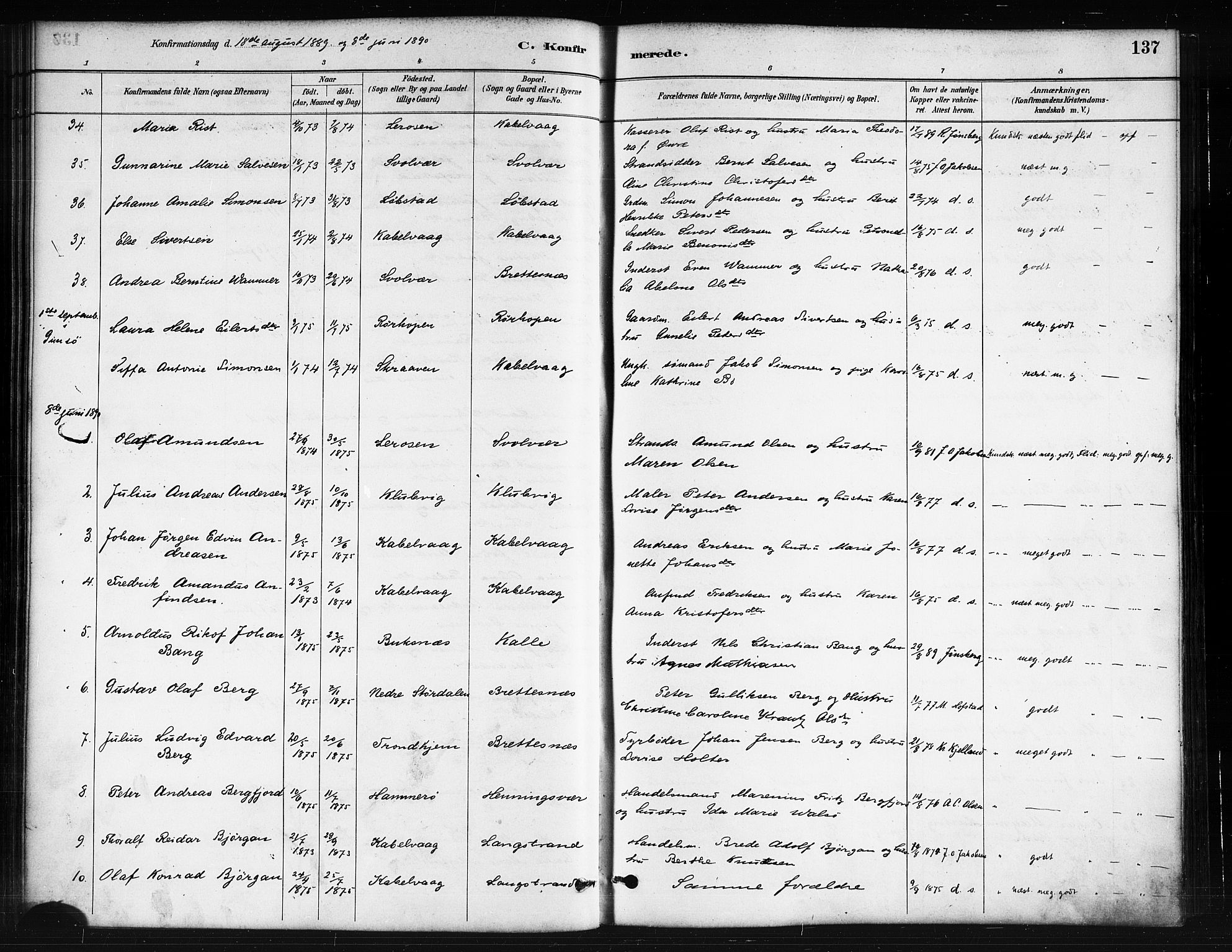 Ministerialprotokoller, klokkerbøker og fødselsregistre - Nordland, AV/SAT-A-1459/874/L1059: Parish register (official) no. 874A03, 1884-1890, p. 137