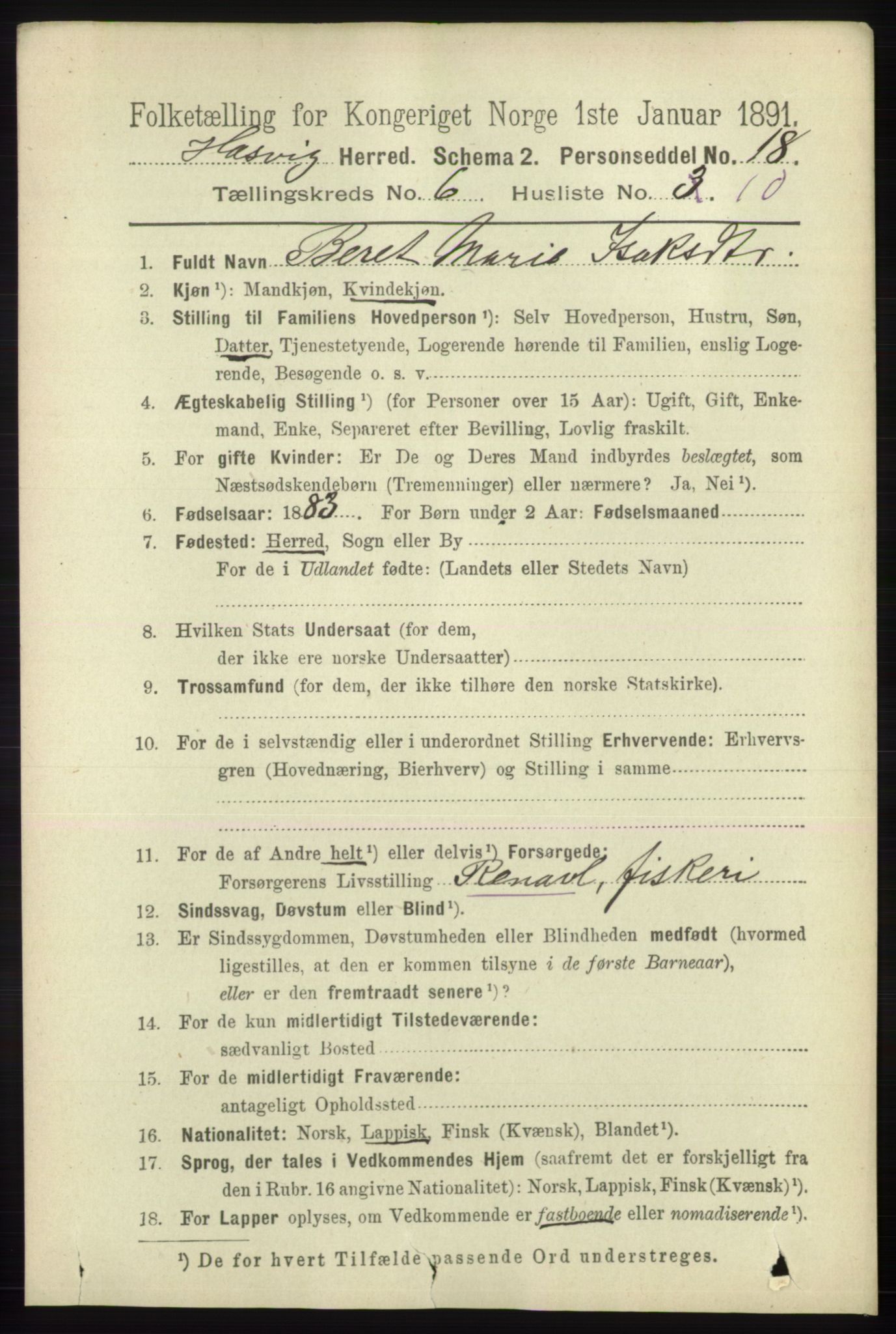 RA, 1891 census for 2015 Hasvik, 1891, p. 958