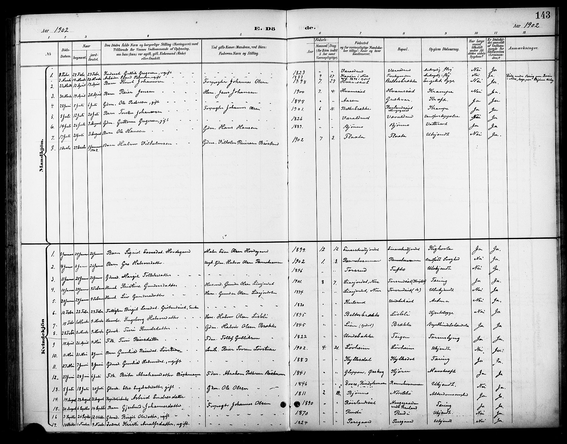 Nore kirkebøker, AV/SAKO-A-238/F/Fc/L0005: Parish register (official) no. III 5, 1898-1922, p. 143