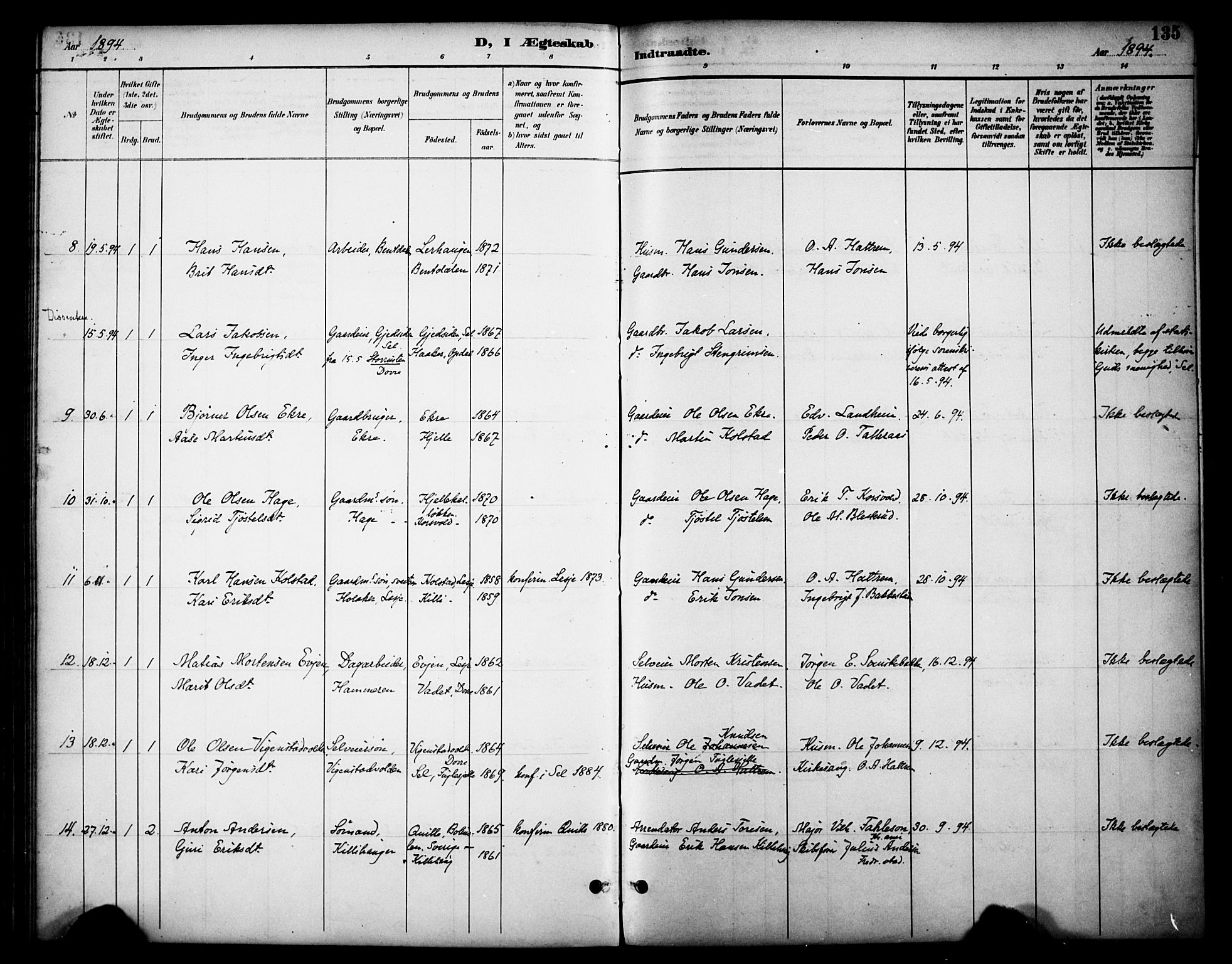 Dovre prestekontor, SAH/PREST-066/H/Ha/Haa/L0003: Parish register (official) no. 3, 1891-1901, p. 135