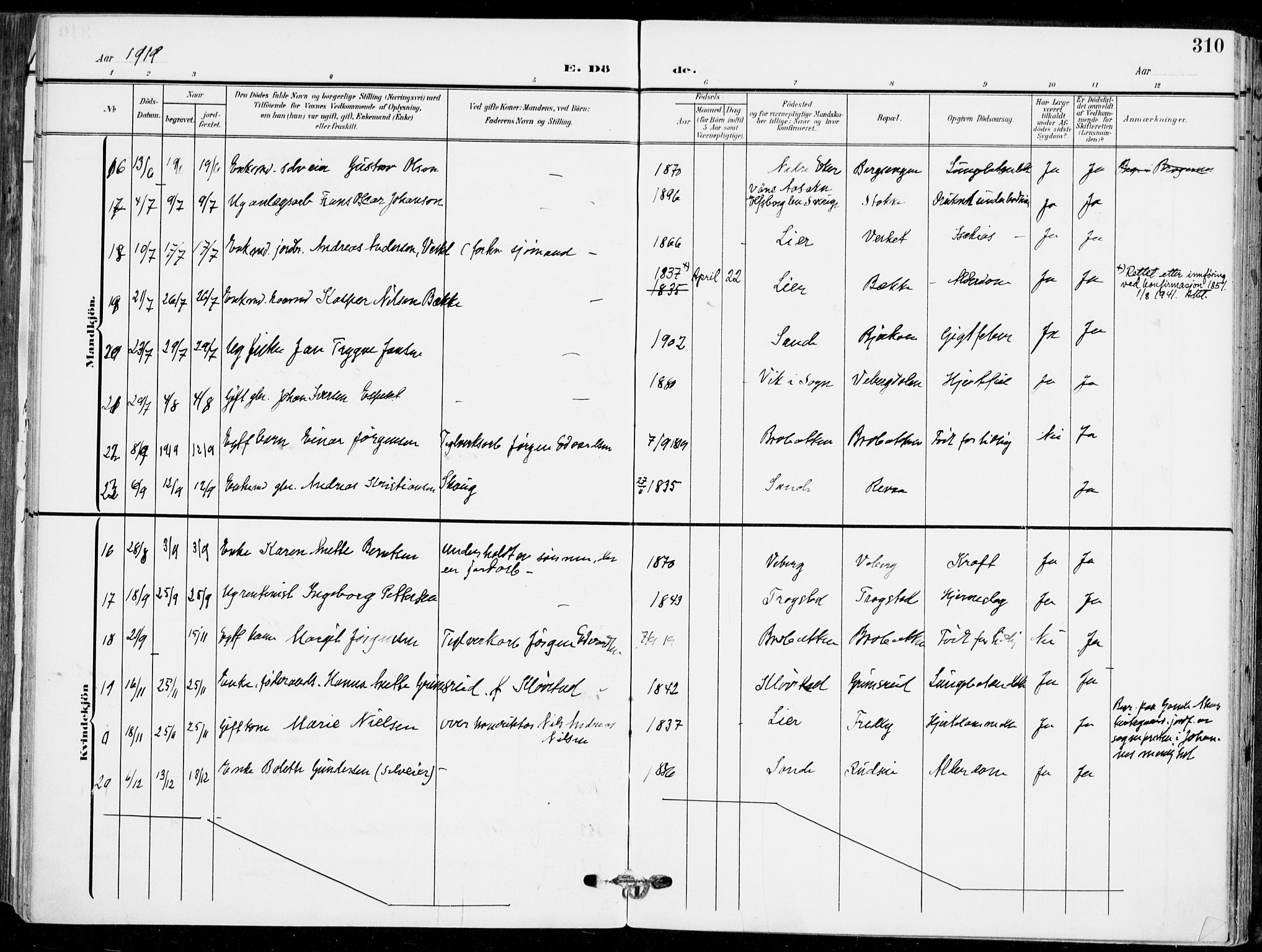 Sande Kirkebøker, AV/SAKO-A-53/F/Fa/L0008: Parish register (official) no. 8, 1904-1921, p. 310