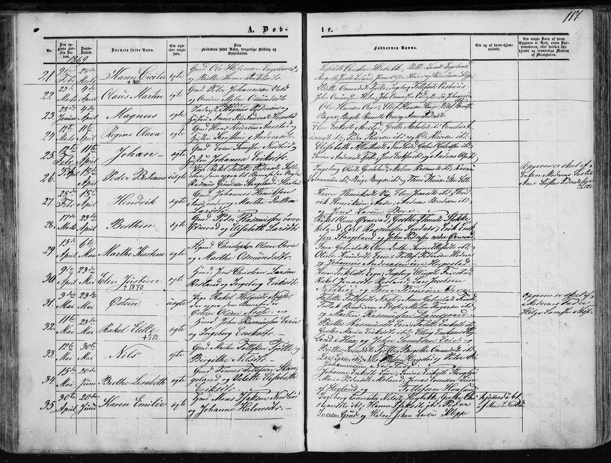 Klepp sokneprestkontor, SAST/A-101803/001/3/30BA/L0005: Parish register (official) no. A 5, 1853-1870, p. 117