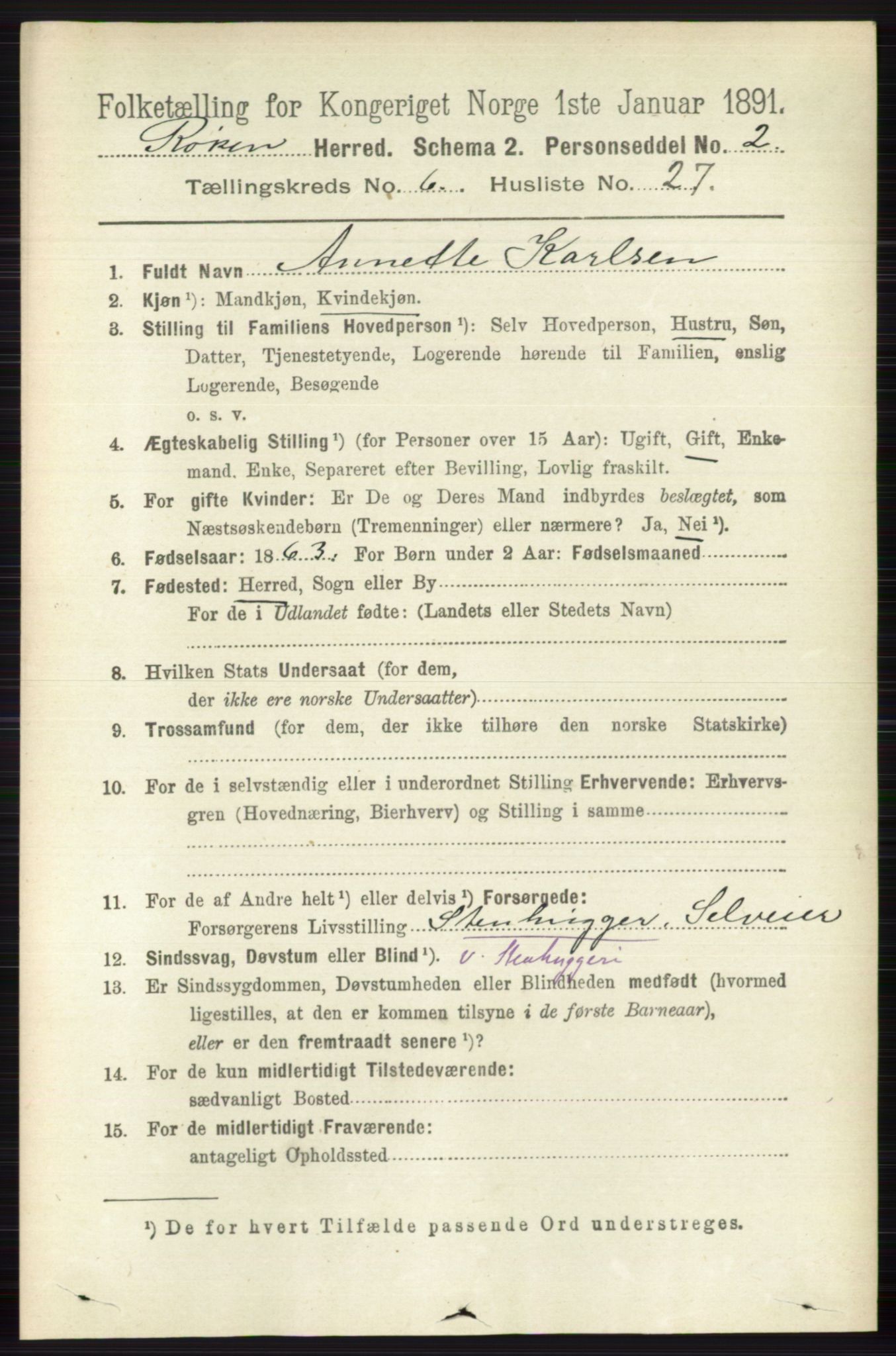 RA, 1891 census for 0627 Røyken, 1891, p. 3770
