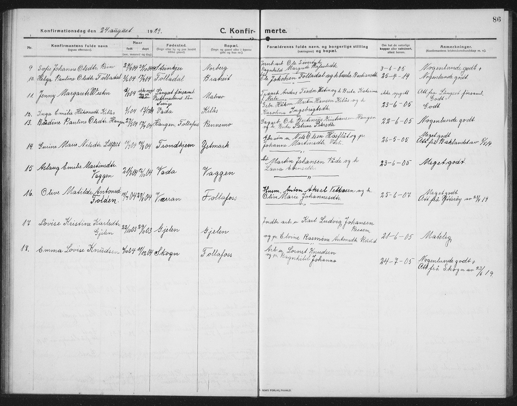 Ministerialprotokoller, klokkerbøker og fødselsregistre - Nord-Trøndelag, AV/SAT-A-1458/745/L0434: Parish register (copy) no. 745C03, 1914-1937, p. 86