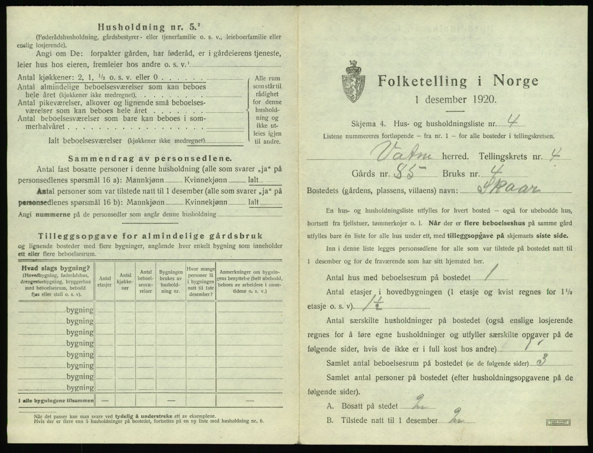 SAT, 1920 census for Vatne, 1920, p. 250