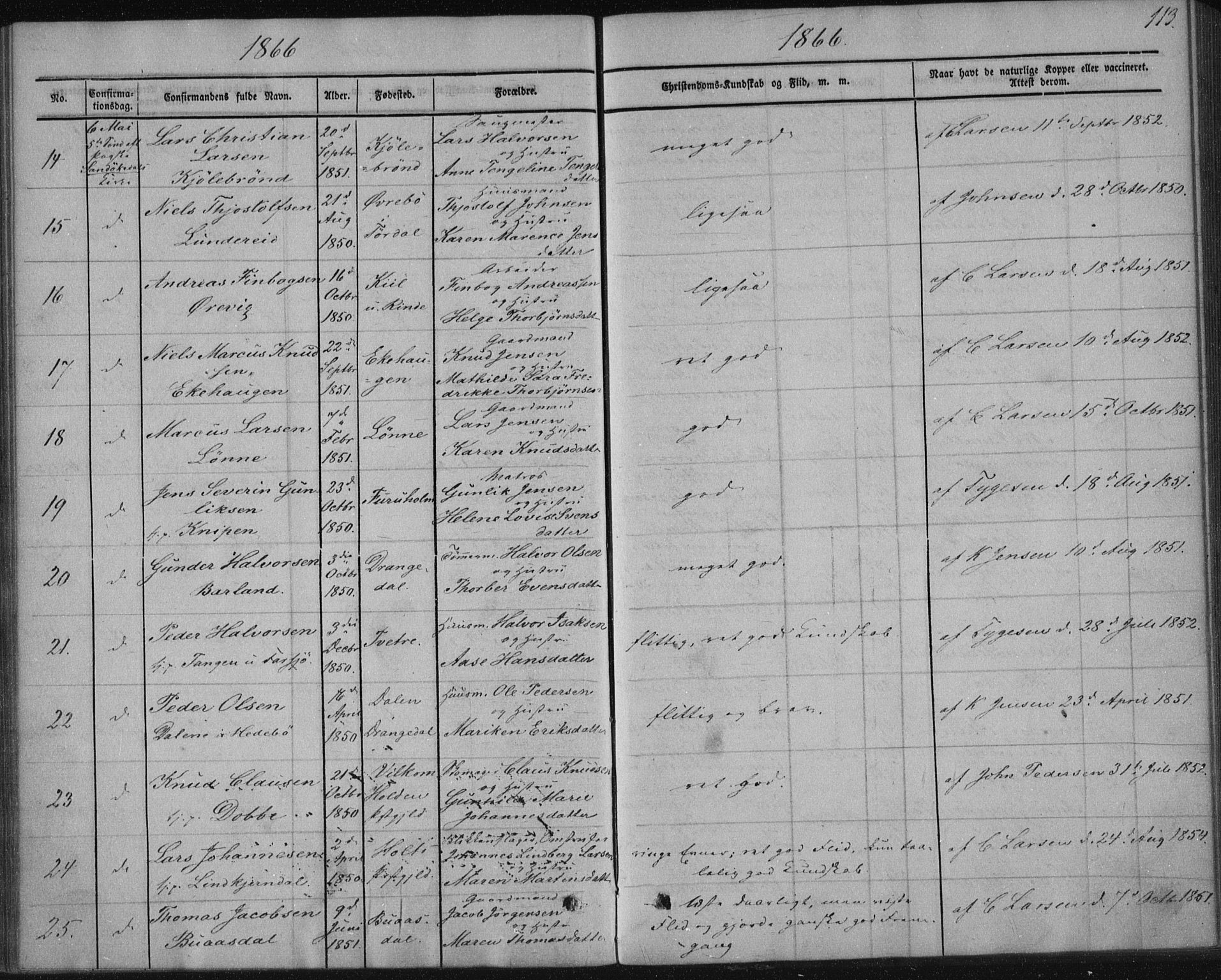 Sannidal kirkebøker, AV/SAKO-A-296/F/Fa/L0009: Parish register (official) no. 9, 1855-1873, p. 113