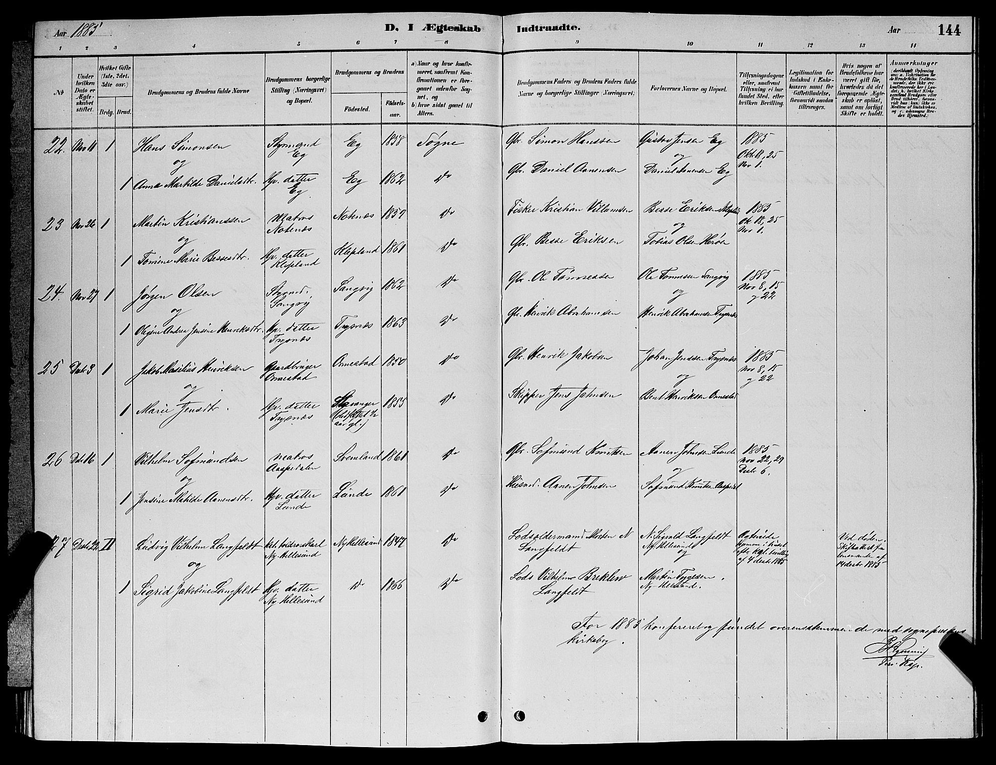 Søgne sokneprestkontor, AV/SAK-1111-0037/F/Fb/Fbb/L0005: Parish register (copy) no. B 5, 1884-1891, p. 144