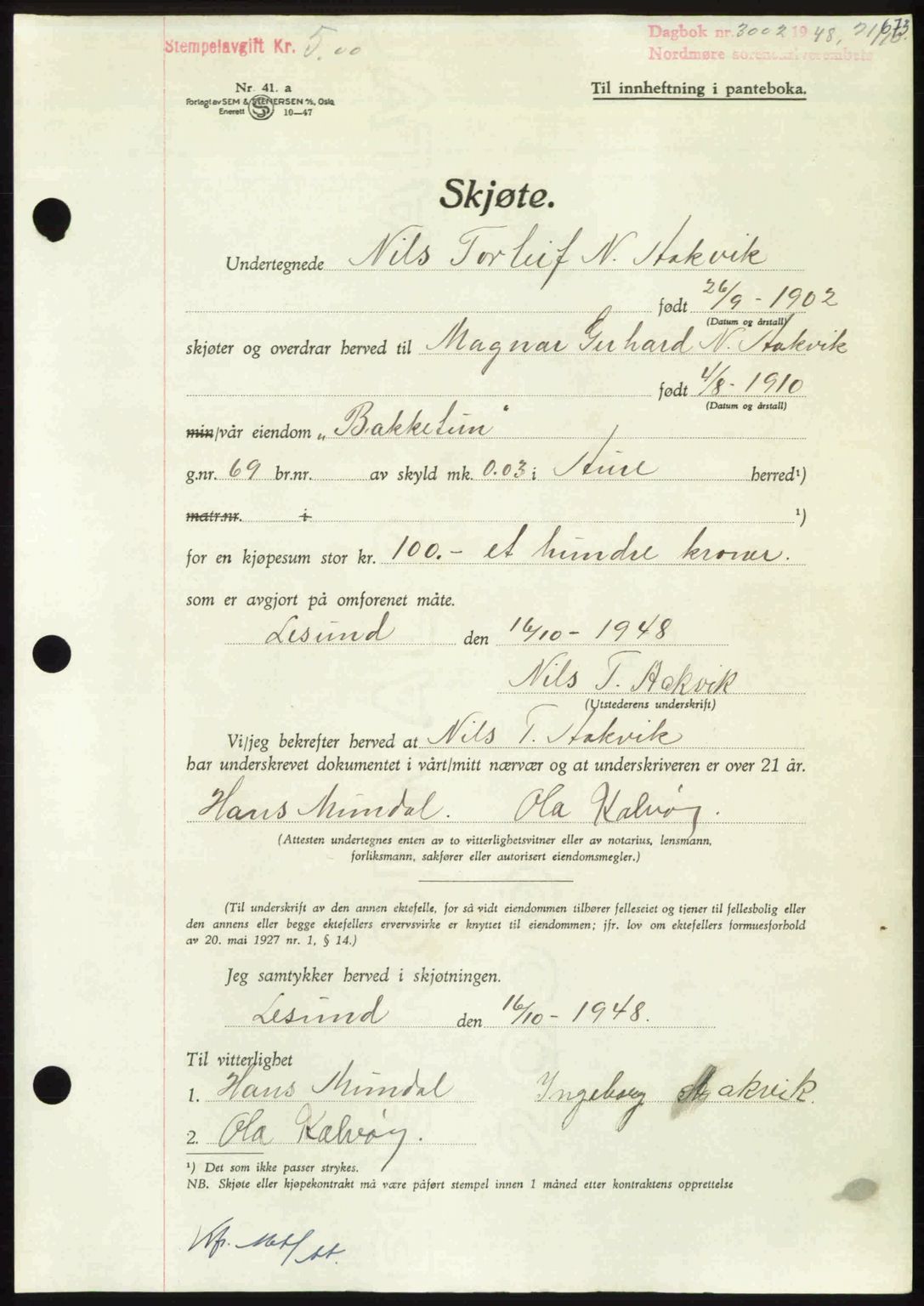 Nordmøre sorenskriveri, AV/SAT-A-4132/1/2/2Ca: Mortgage book no. A109, 1948-1948, Diary no: : 3002/1948