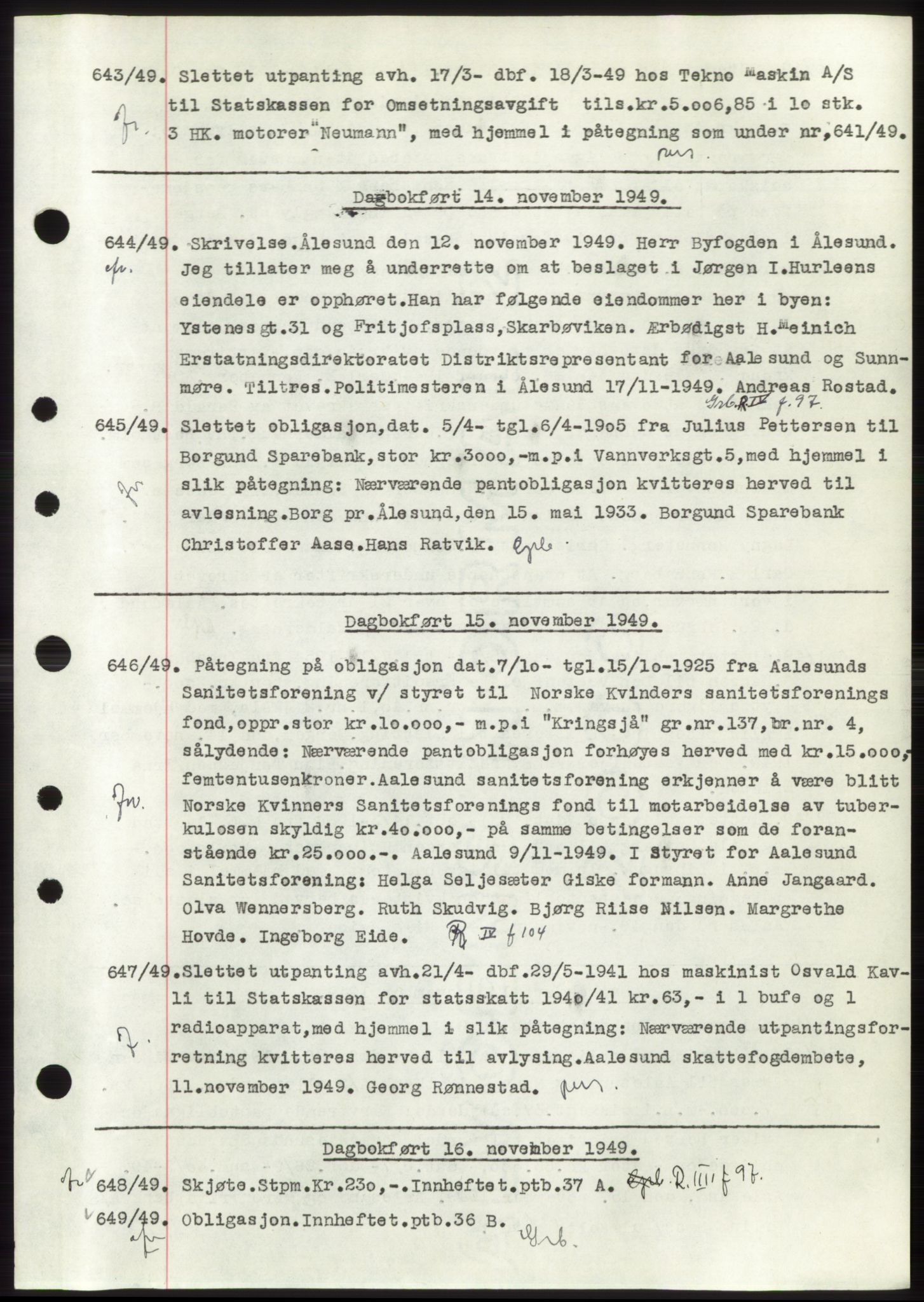 Ålesund byfogd, AV/SAT-A-4384: Mortgage book no. C34-35, 1946-1950, Diary no: : 643/1949