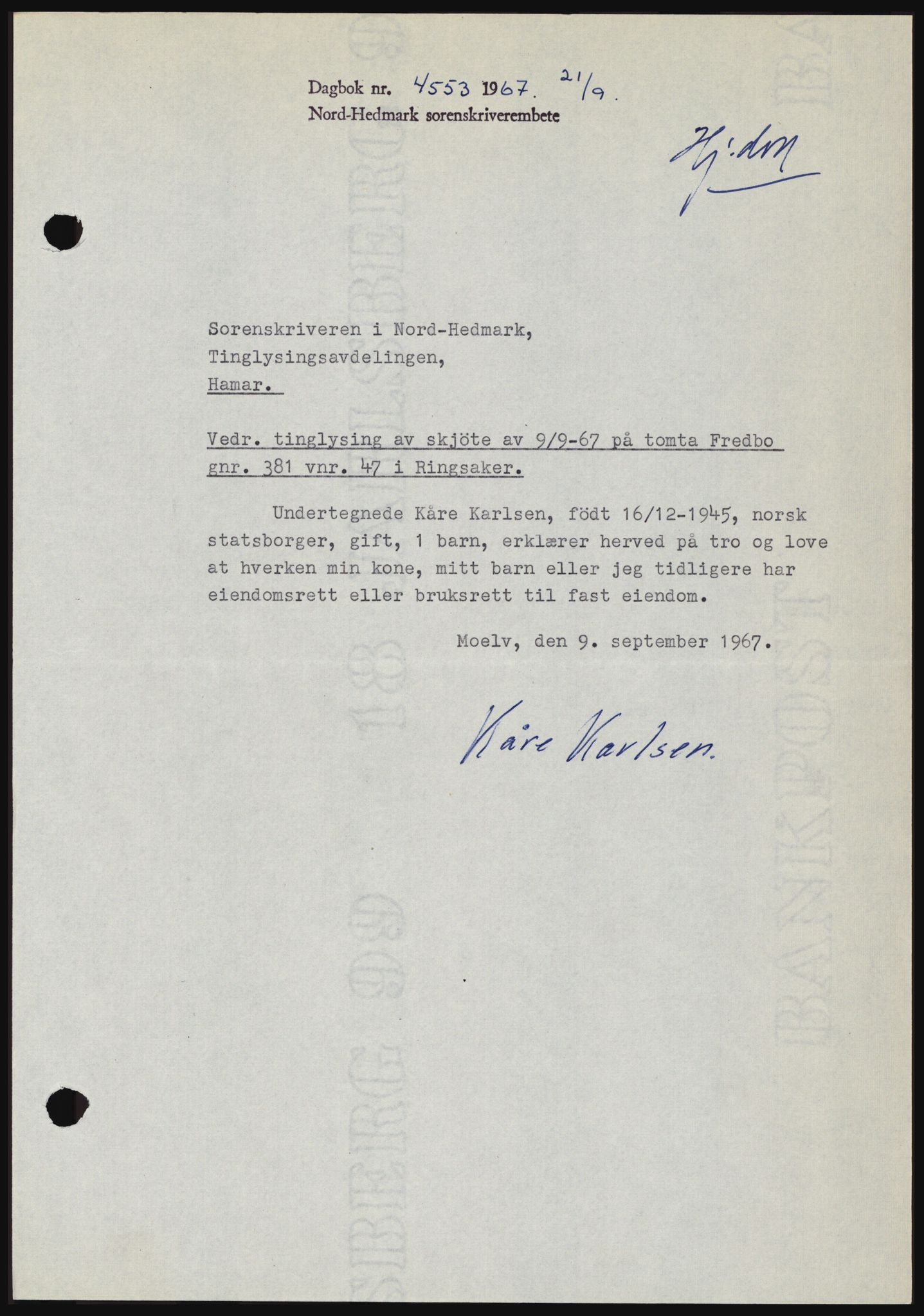 Nord-Hedmark sorenskriveri, AV/SAH-TING-012/H/Hc/L0026: Mortgage book no. 26, 1967-1967, Diary no: : 4553/1967