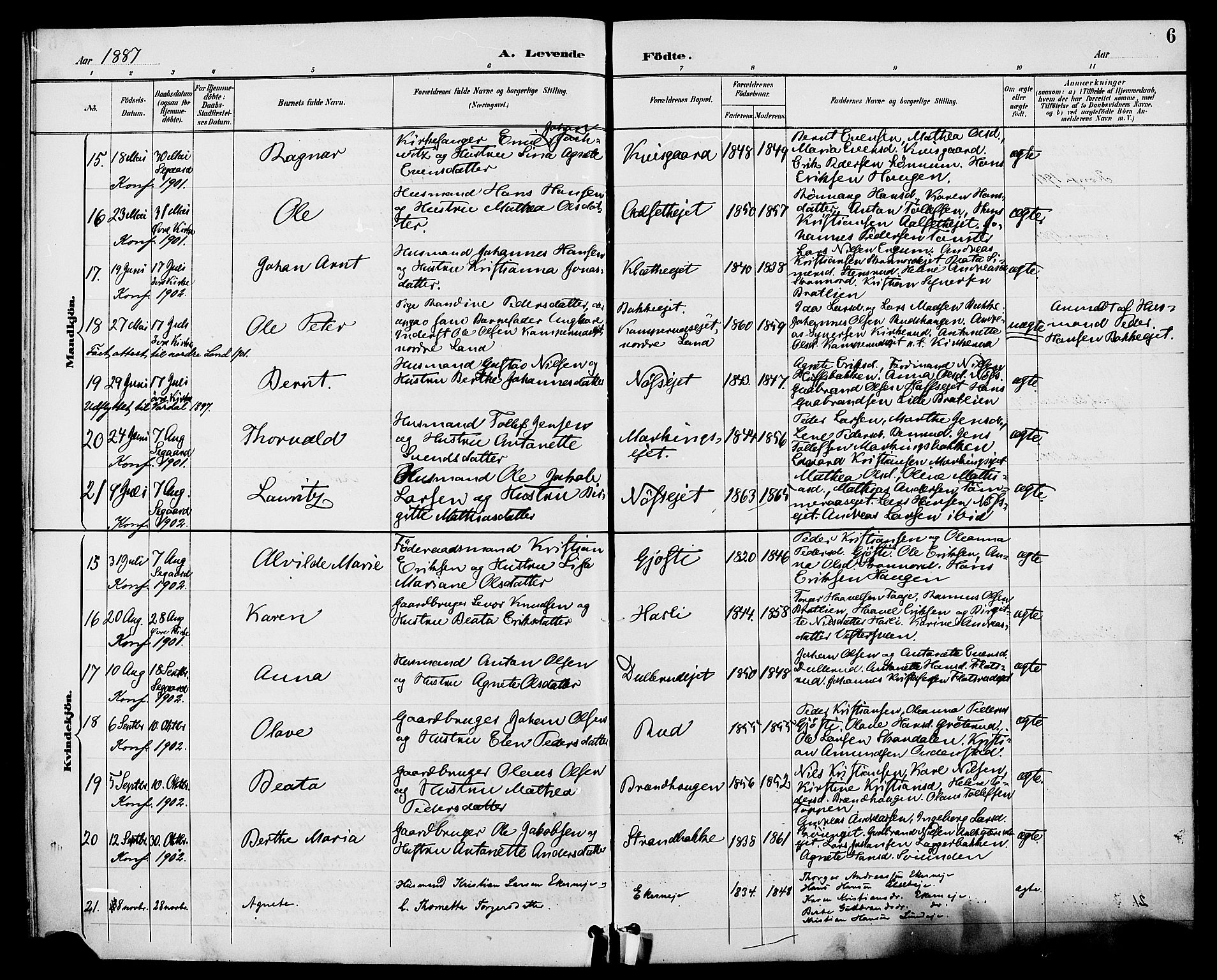 Biri prestekontor, SAH/PREST-096/H/Ha/Haa/L0007: Parish register (official) no. 7, 1887-1893, p. 6