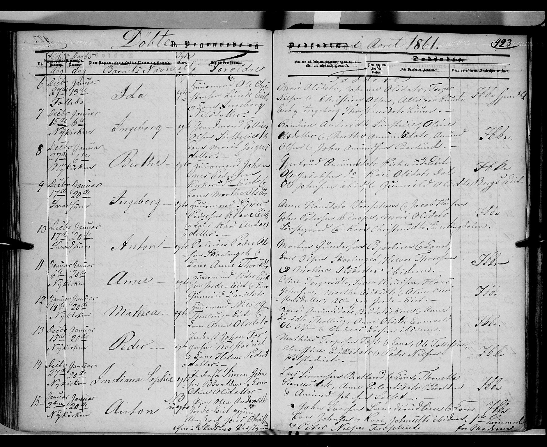 Gausdal prestekontor, SAH/PREST-090/H/Ha/Haa/L0008: Parish register (official) no. 8, 1850-1861, p. 423