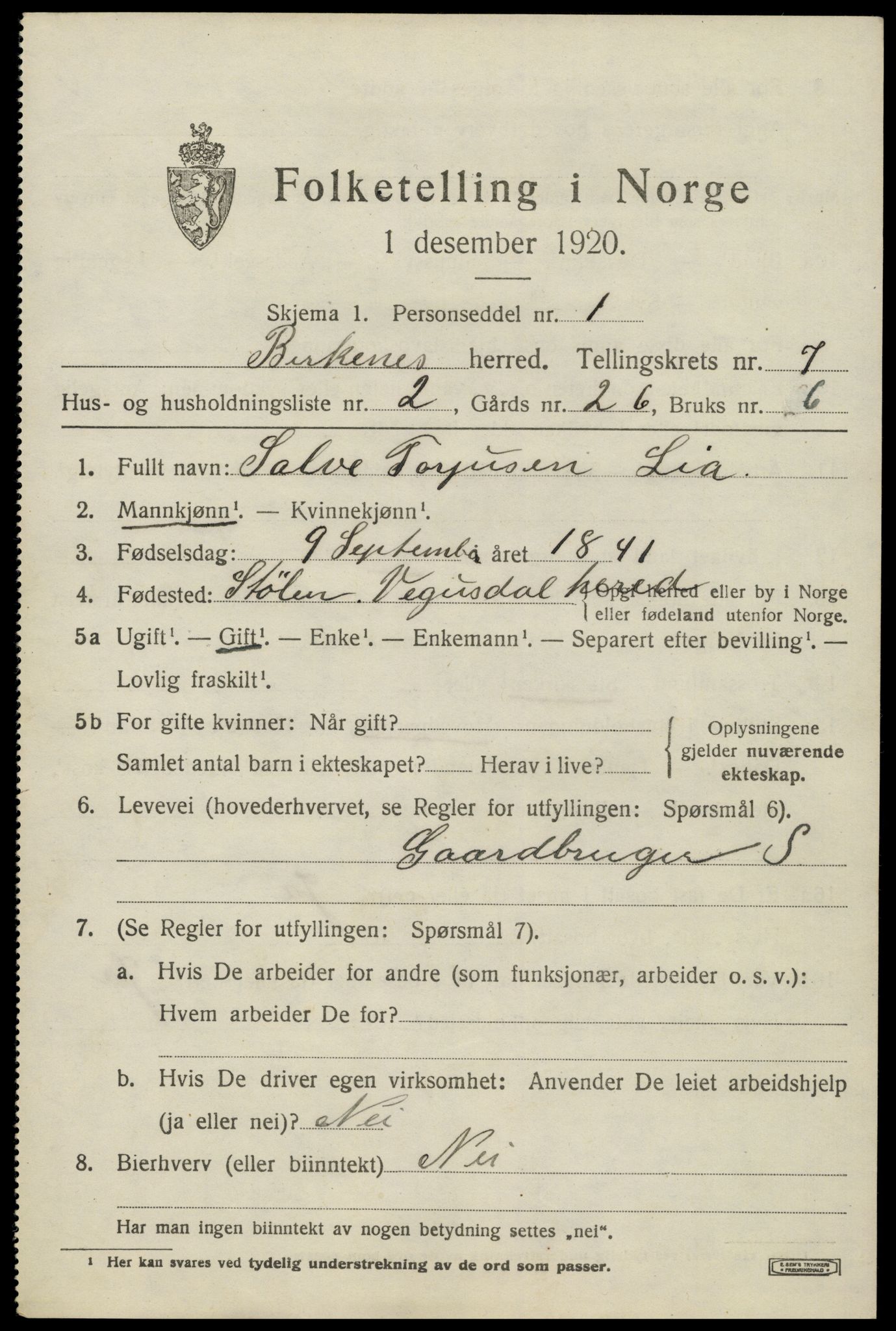 SAK, 1920 census for Birkenes, 1920, p. 4009