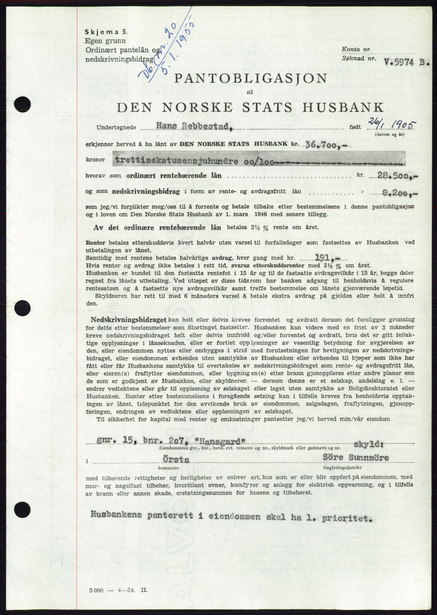 Søre Sunnmøre sorenskriveri, AV/SAT-A-4122/1/2/2C/L0126: Mortgage book no. 14B, 1954-1955, Diary no: : 20/1955