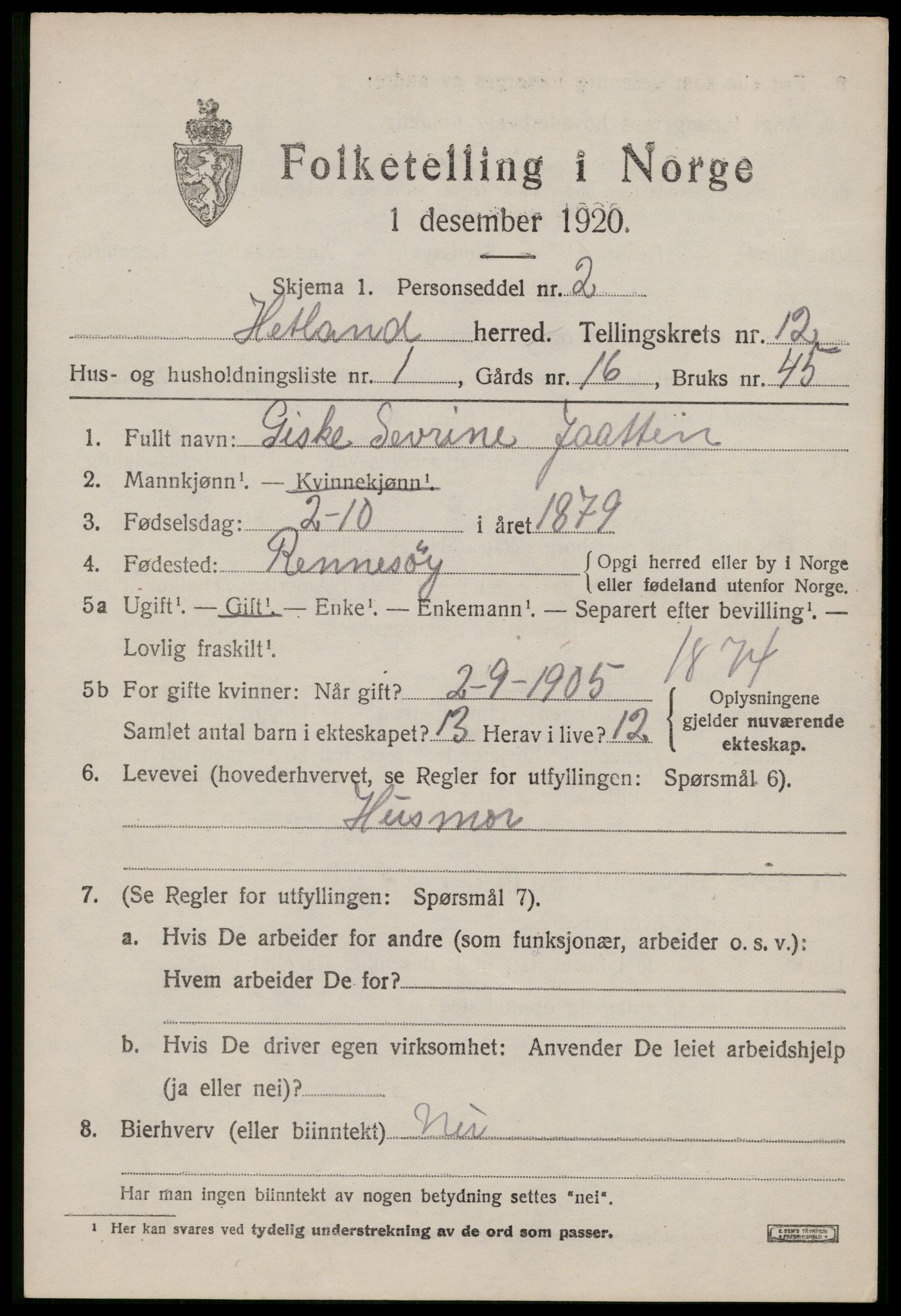 SAST, 1920 census for Hetland, 1920, p. 20887