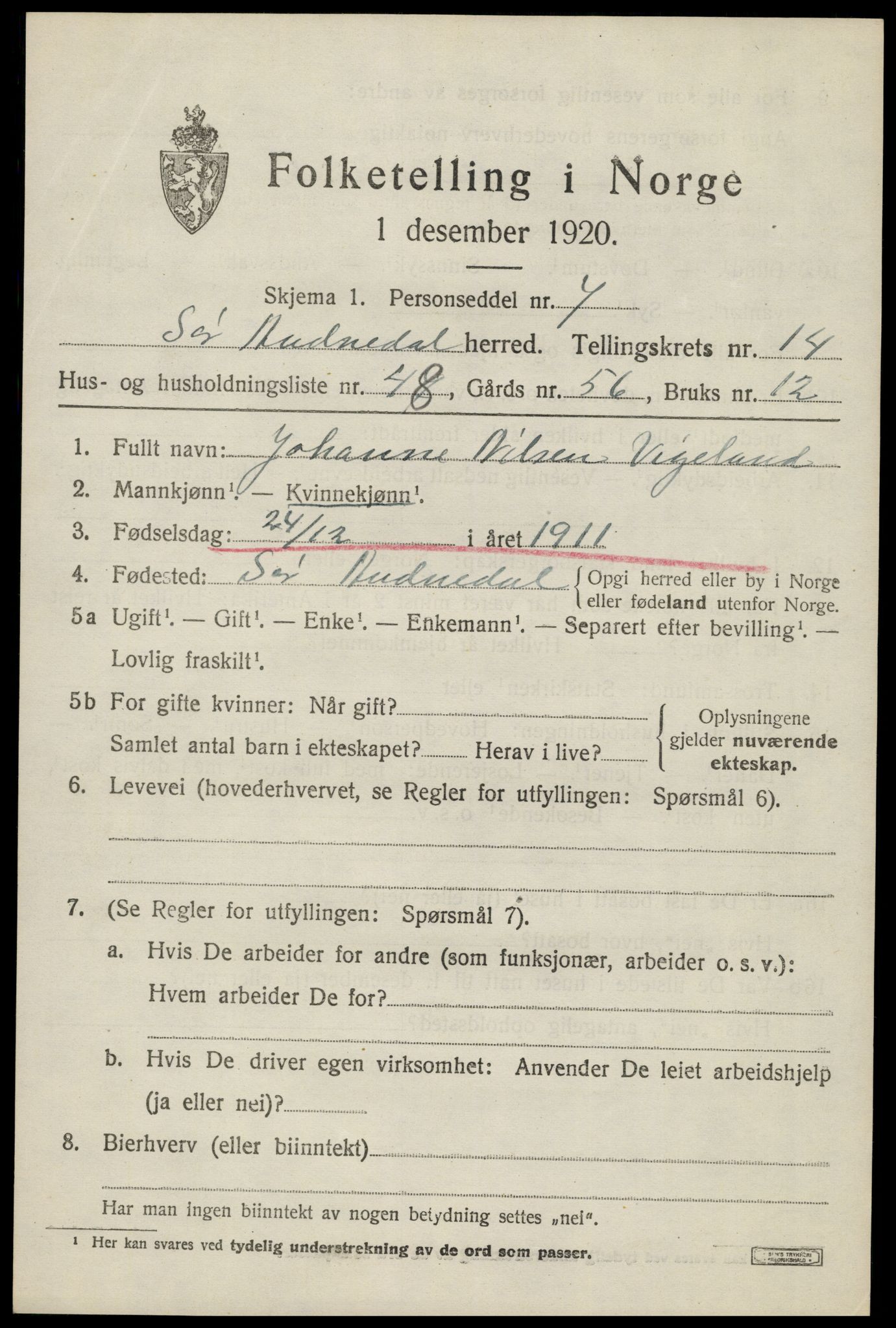SAK, 1920 census for Sør-Audnedal, 1920, p. 5629
