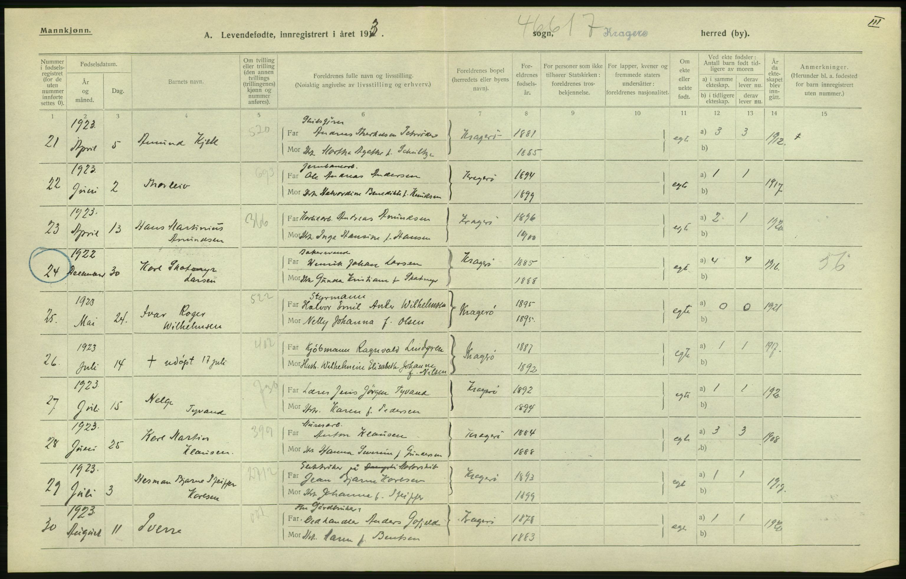 Statistisk sentralbyrå, Sosiodemografiske emner, Befolkning, RA/S-2228/D/Df/Dfc/Dfcc/L0019: Telemark fylke: Levendefødte menn og kvinner. Bygder og byer., 1923, p. 510