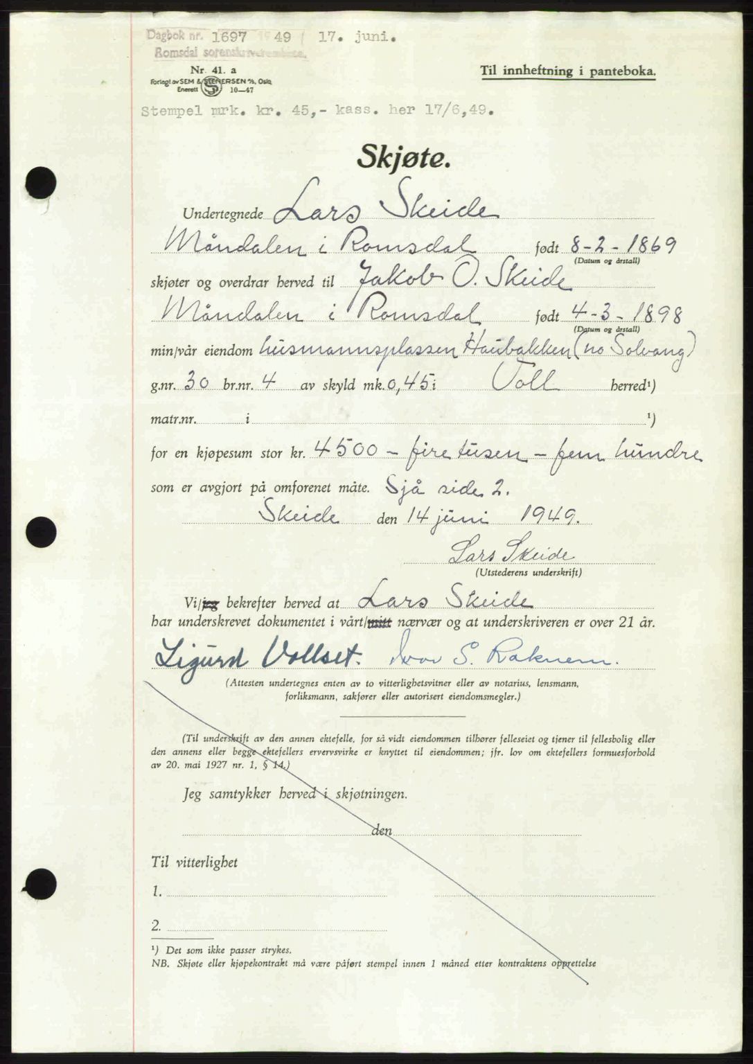 Romsdal sorenskriveri, AV/SAT-A-4149/1/2/2C: Mortgage book no. A30, 1949-1949, Diary no: : 1697/1949