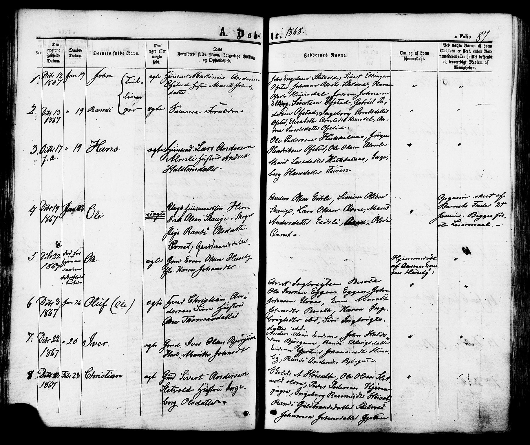 Ministerialprotokoller, klokkerbøker og fødselsregistre - Sør-Trøndelag, SAT/A-1456/665/L0772: Parish register (official) no. 665A07, 1856-1878, p. 87